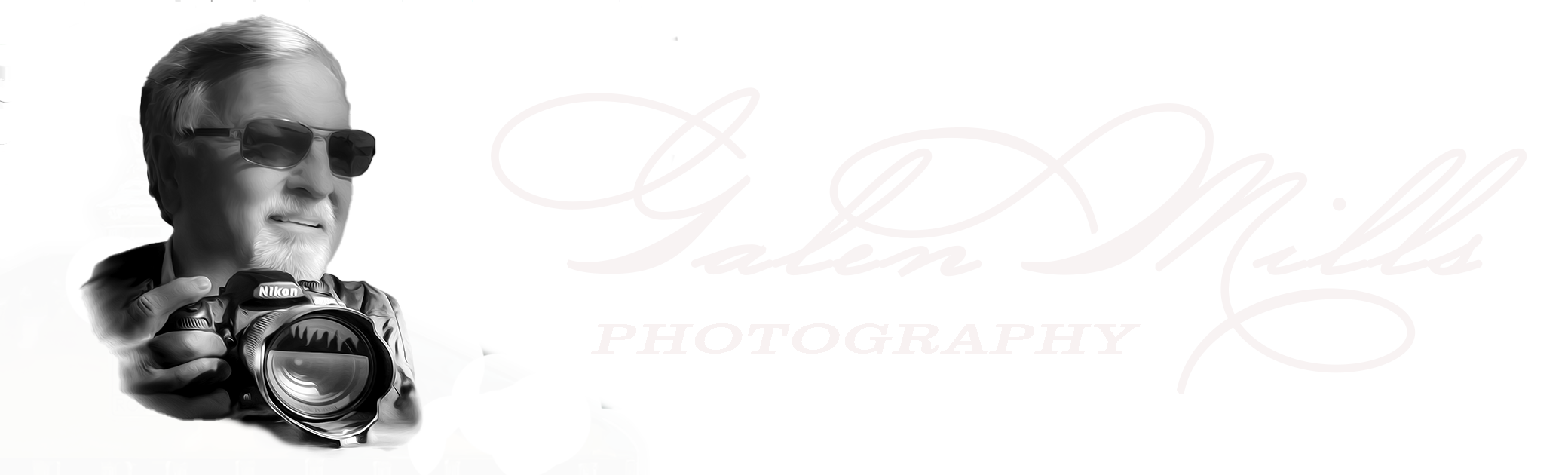 Illustration of Galen Mills holding a Nikon camera with the text 'Galen Mills Photography' in elegant script.