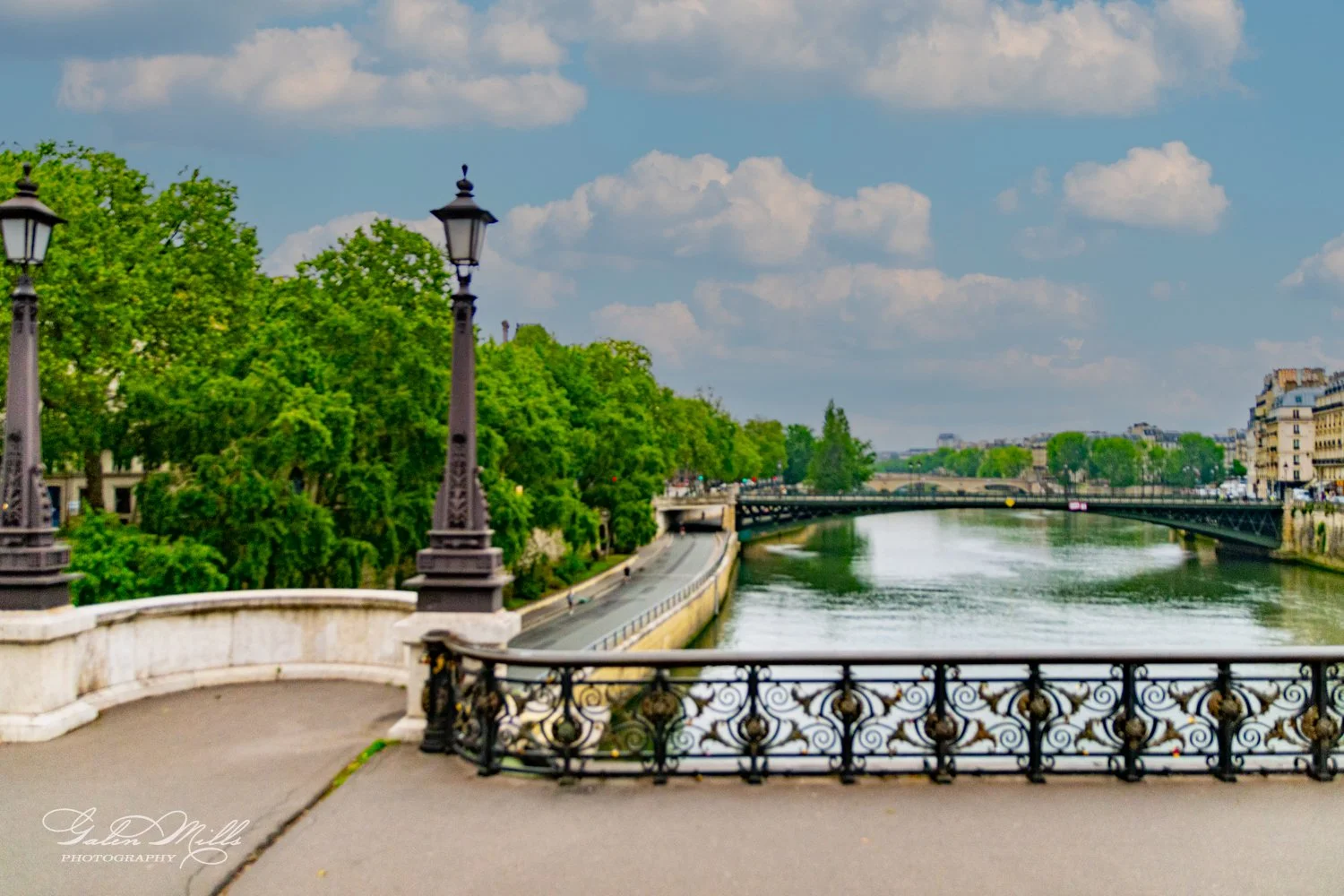 Scenic view of a bridge over the Seine River in Paris, with ornate lampposts and lush green trees lining the riverbank, against a partly cloudy sky.
