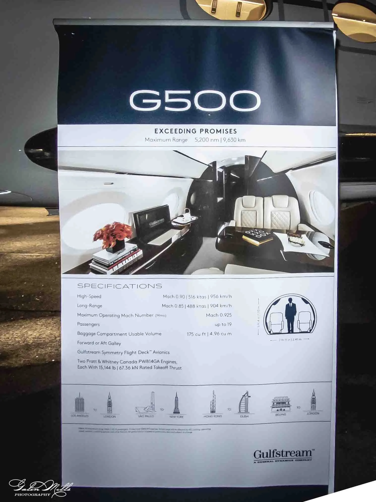 Poster for Gulfstream G500 private jet highlighting luxury interior, specifications, global skyline silhouettes, and company branding.