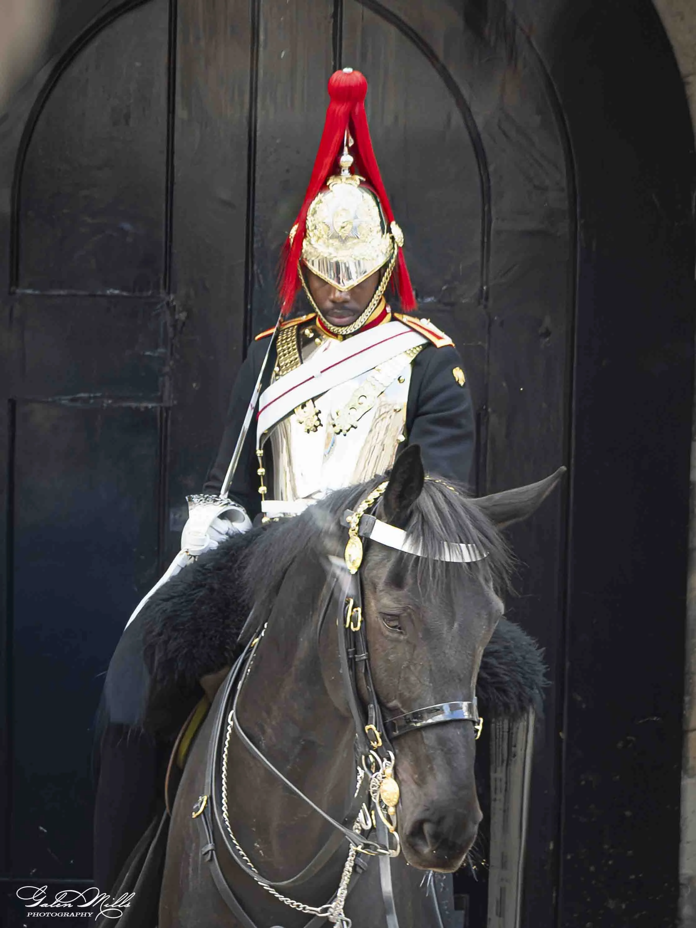 A soldier in formal dress uniform riding a black horse in front of a black arched structure. The soldier is wearing a tall red plume on their helmet, gold embellishments, and white gloves, holding the reins of the horse.