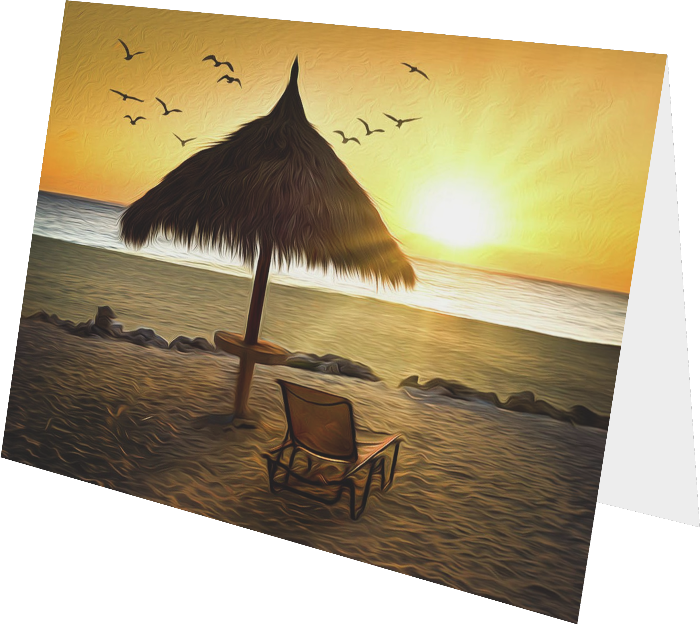Beach scene at sunset with a thatched umbrella, a chair, seagulls flying in the sky, and the ocean in the background.