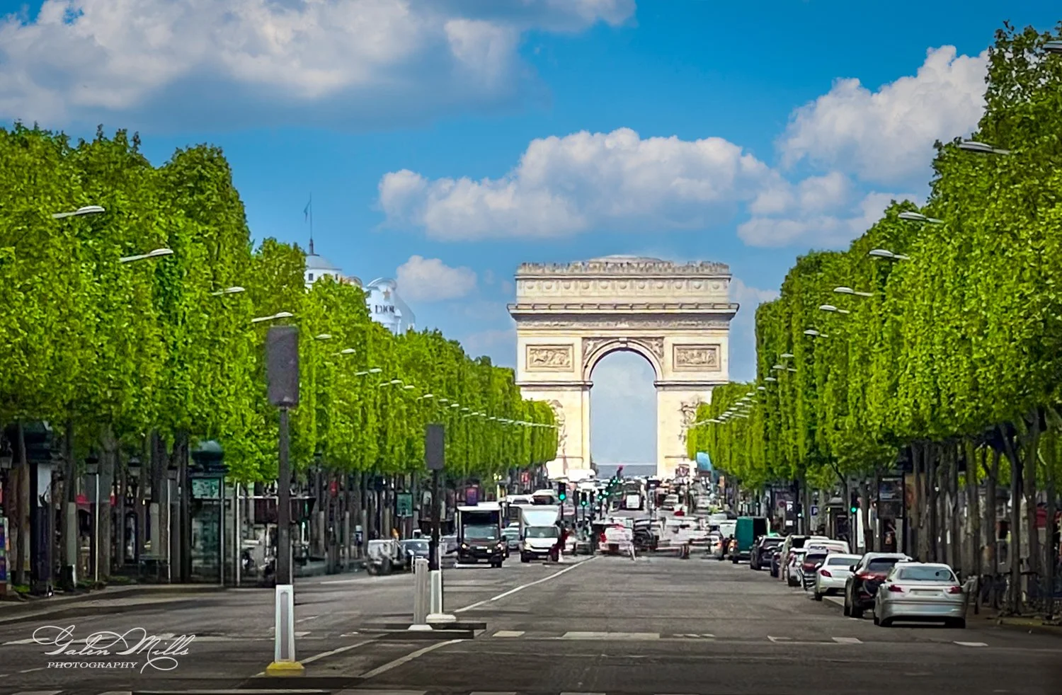 View of the Arc de Triomphe from a tree-lined street in Paris, with vehicles and pedestrians.