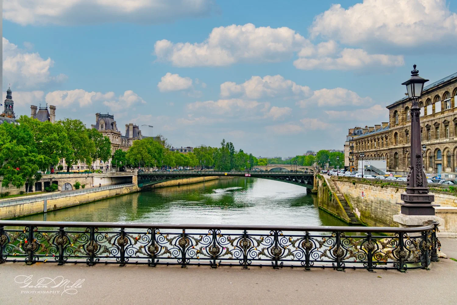 Scenic view of the Seine River with ornate bridge railing, historic buildings, trees lining the riverbanks, and a lamppost in Paris, under a partly cloudy sky.