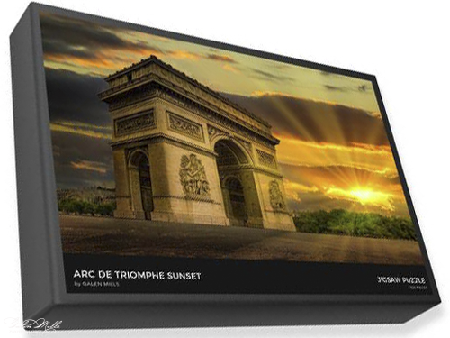 A 3D curved display screen showing a sunset view of the Arc de Triomphe monument against a colorful sky.