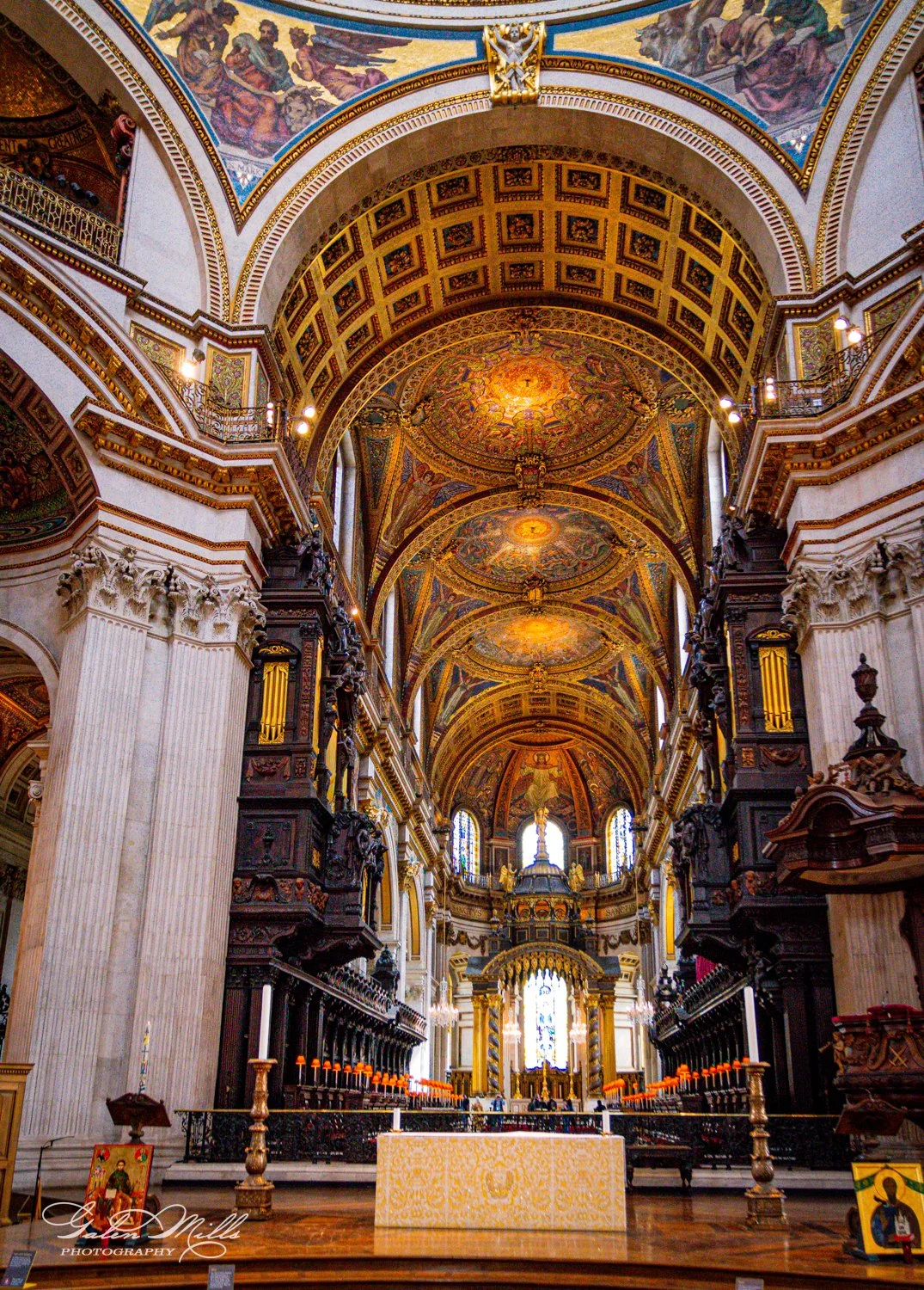 Interior of a cathedral with ornate ceiling and altar