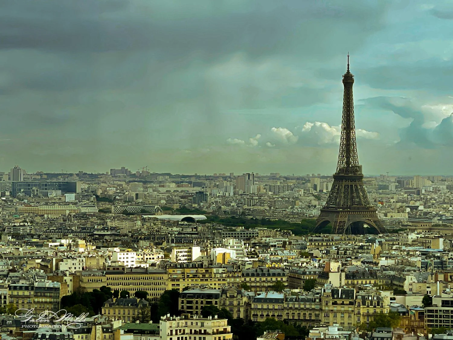 Panoramic view of Paris skyline with the Eiffel Tower on a cloudy day.