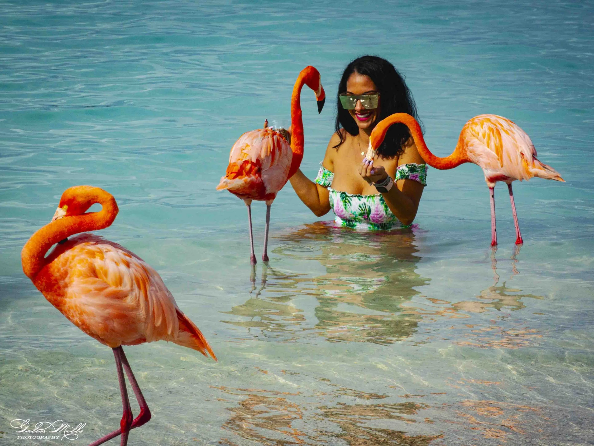 A woman wearing sunglasses and a floral top standing in water surrounded by several pink flamingos in a tropical setting.