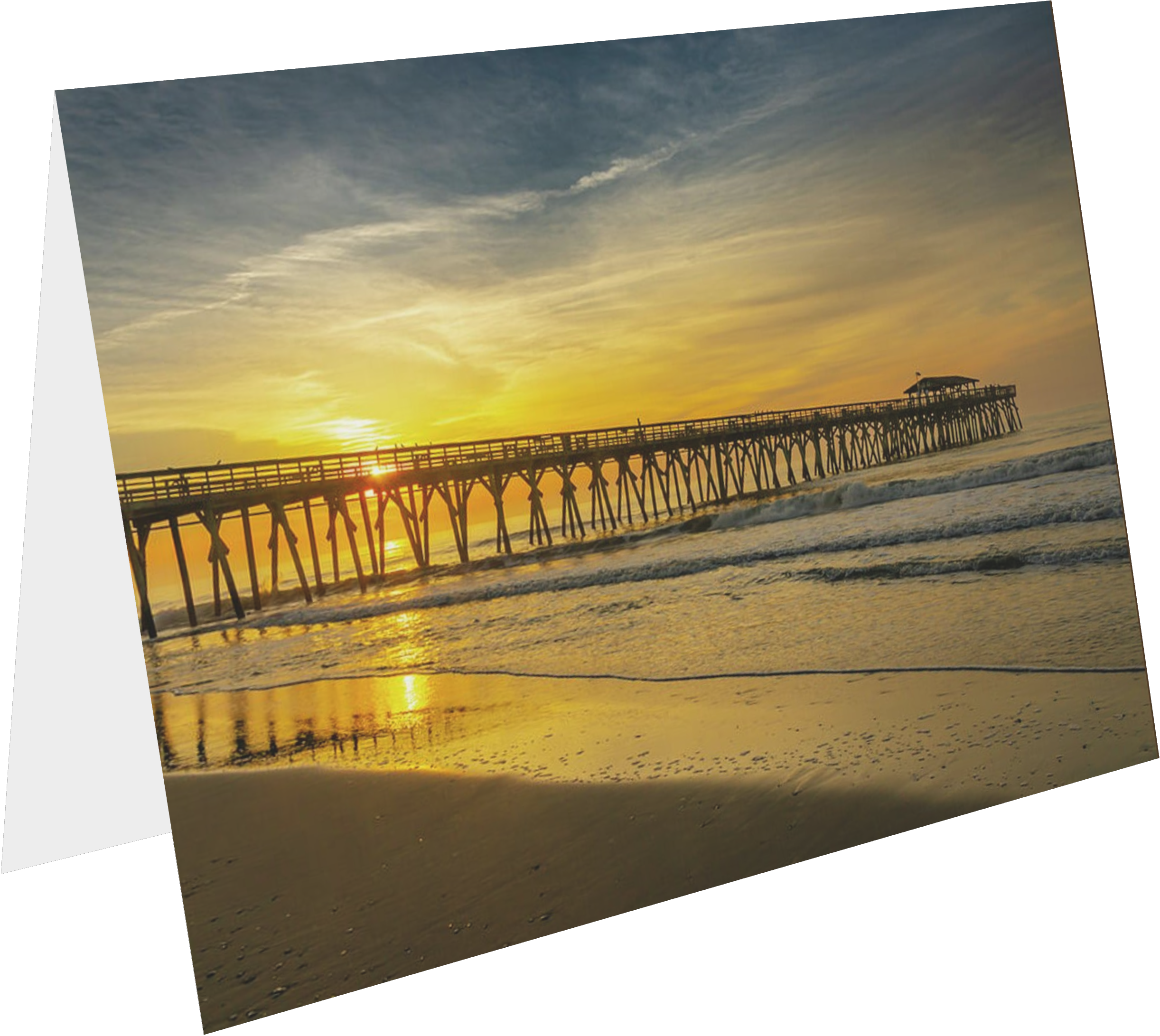 Sunset over a wooden pier extending into the ocean with gentle waves, reflecting golden colors on the wet sand.