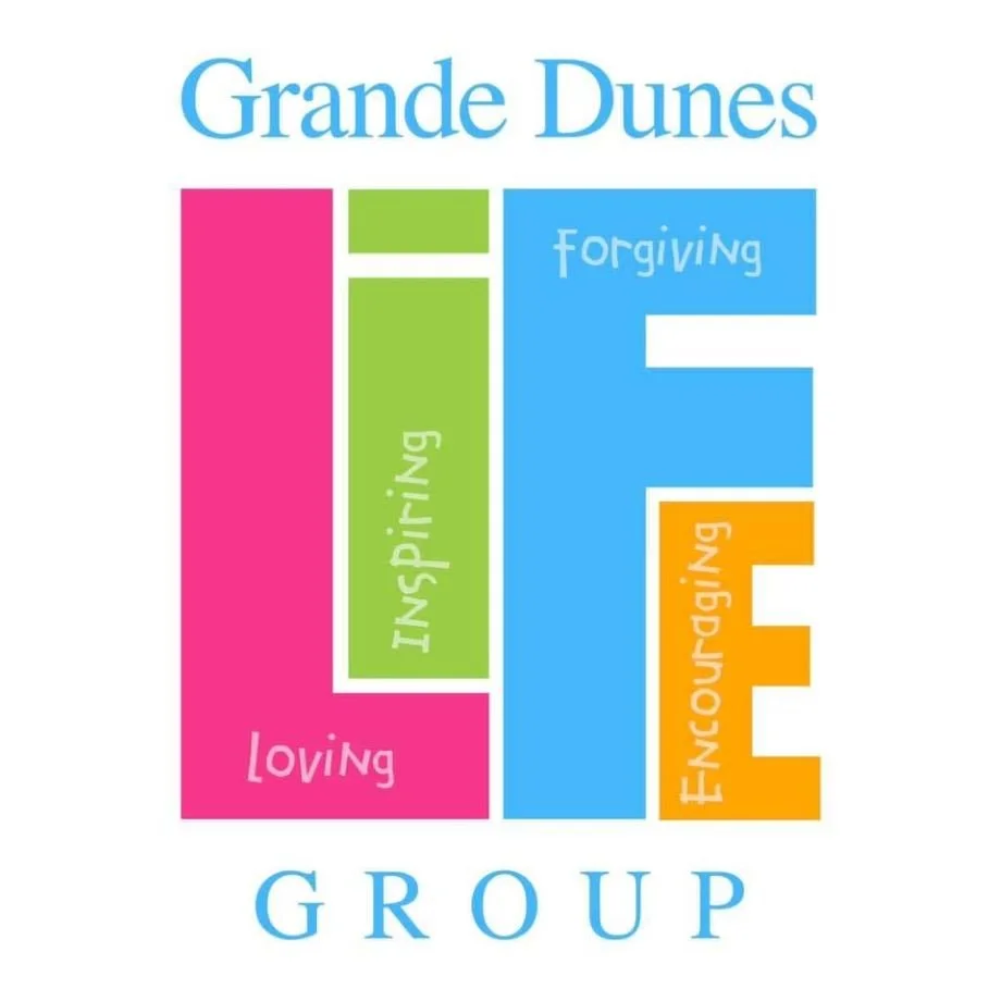 Logo of Grande Dunes LIFE Group with the word LIFE in colorful blocks. Letters are pink for Loving, green for Inspiring, blue for Forgiving, and orange for Encouraging. Text and design are arranged vertically and horizontally.