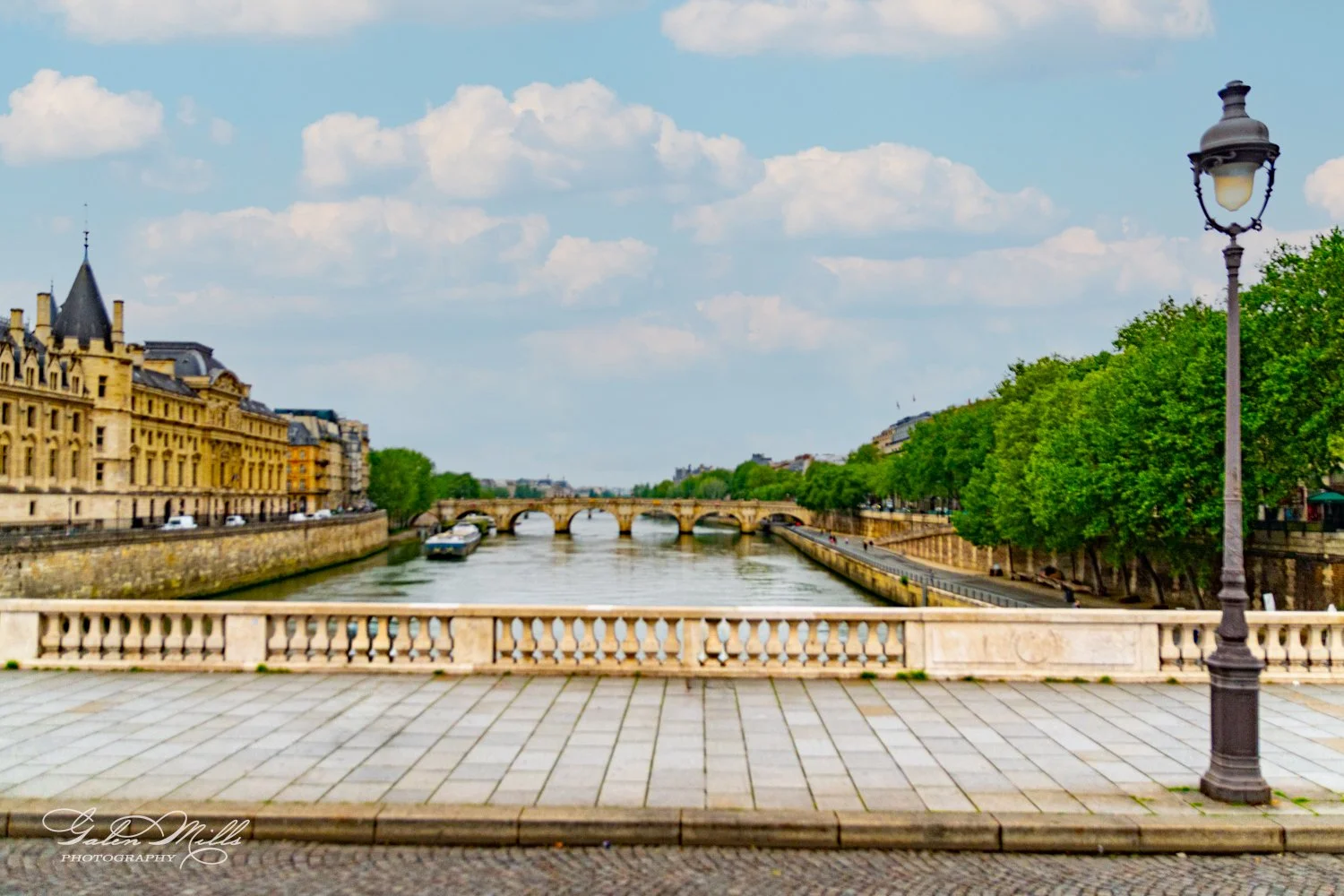 Riverside view of Paris with historic buildings, a bridge over the Seine River, and a streetlamp.