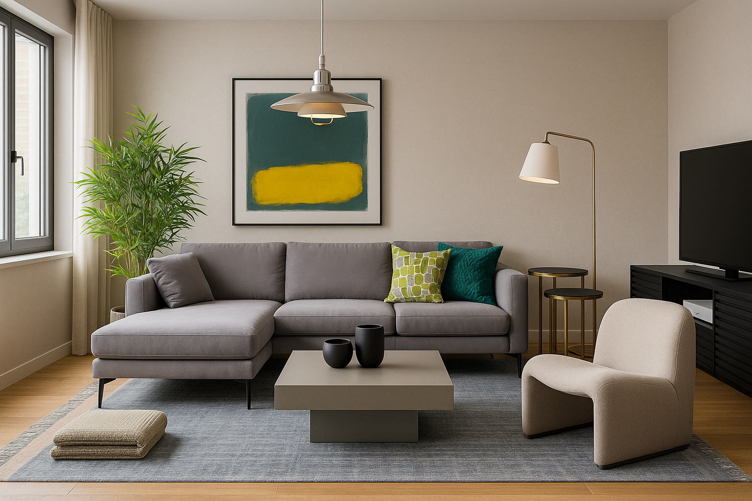 Open-plan city apartment living area with a grey sectional sofa, neutral armchair, low coffee table, area rug, pendant lighting, and abstract wall art in a compact layout.