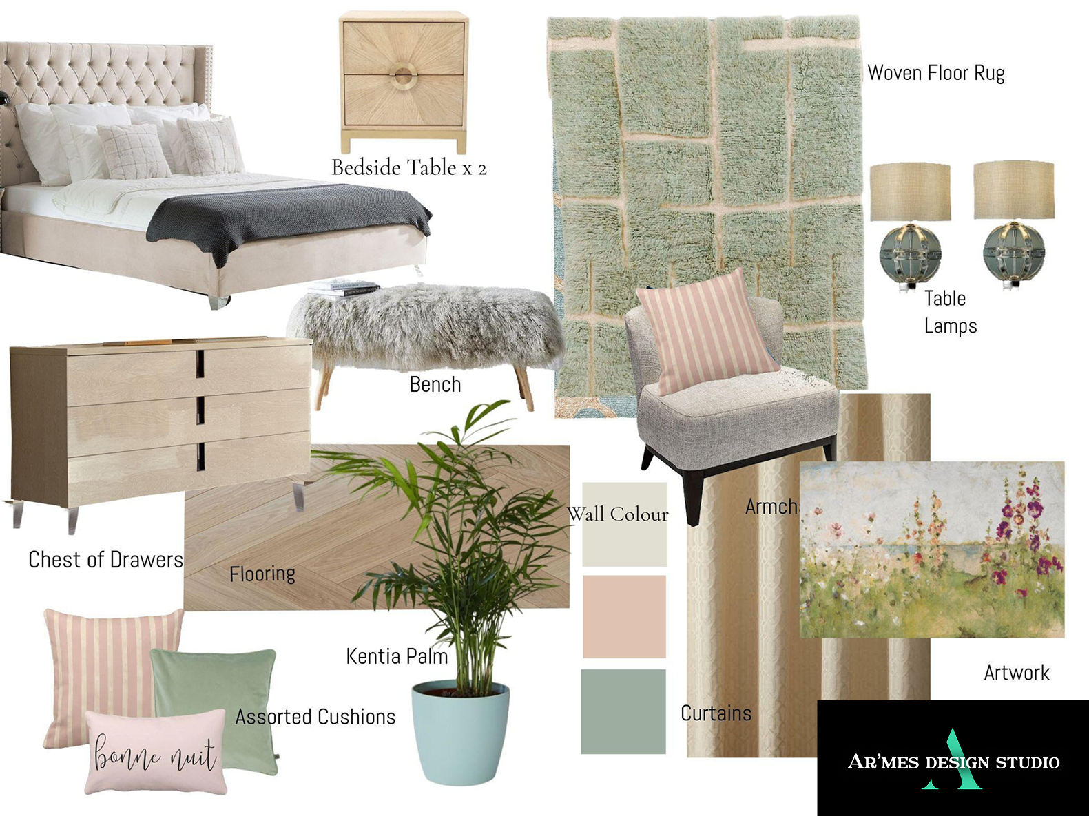 Soft feminine bedroom moodboard with muted pink, sage green, textured rug and light wood furniture