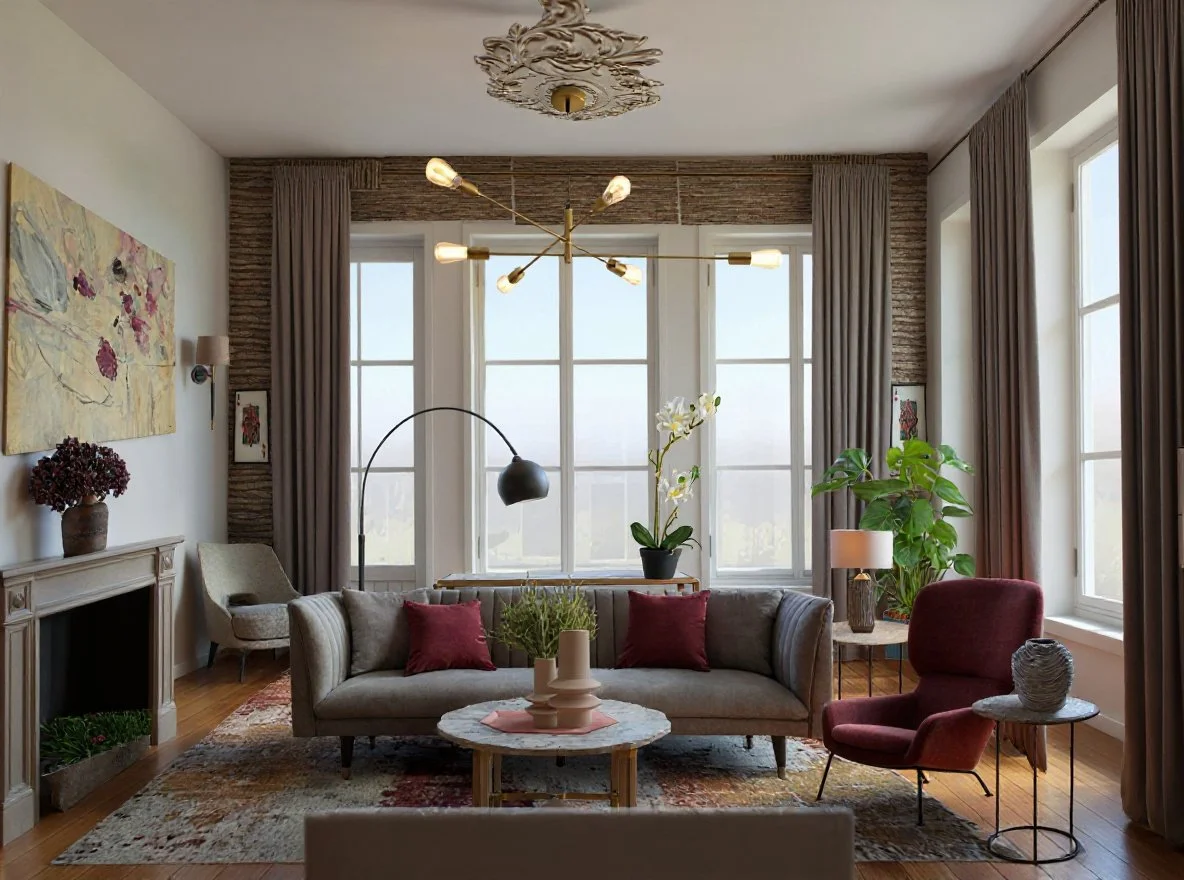 Enhanced image of a living room with brown decor