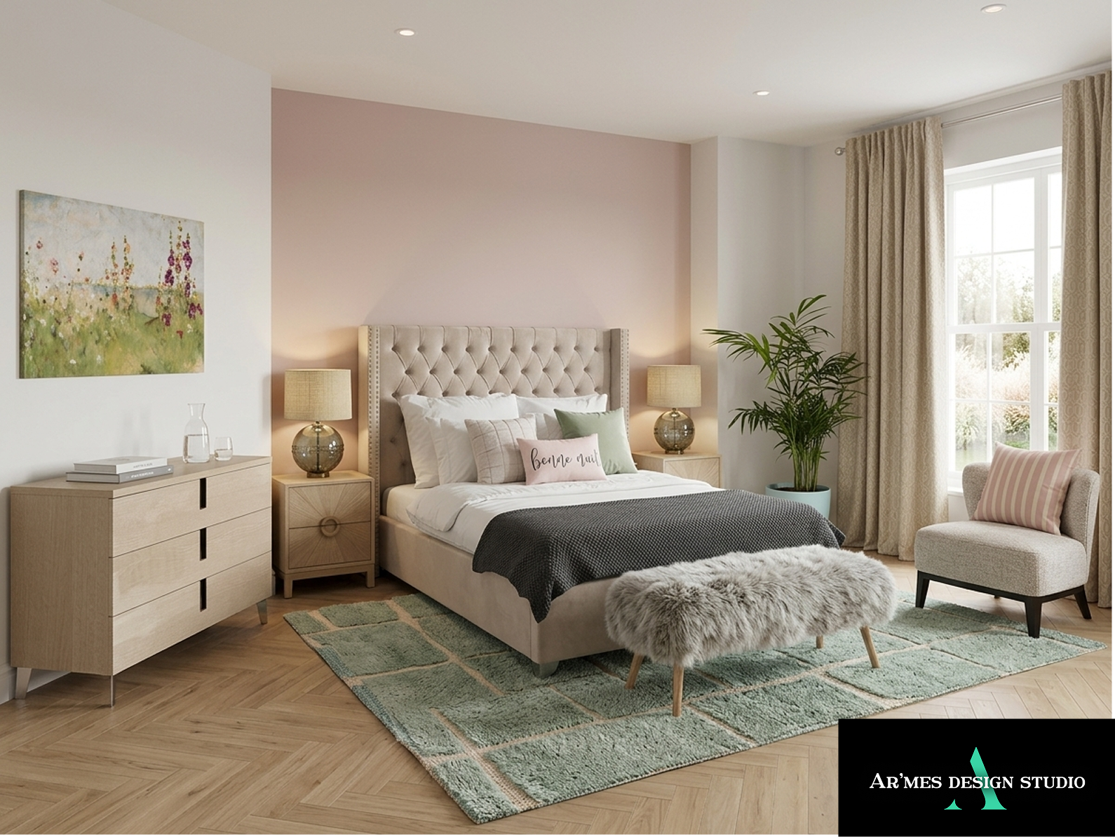 Downsized bedroom design in Surrey with soft pink accent wall, upholstered bed and woven rug by Ar’mes Design Studio
