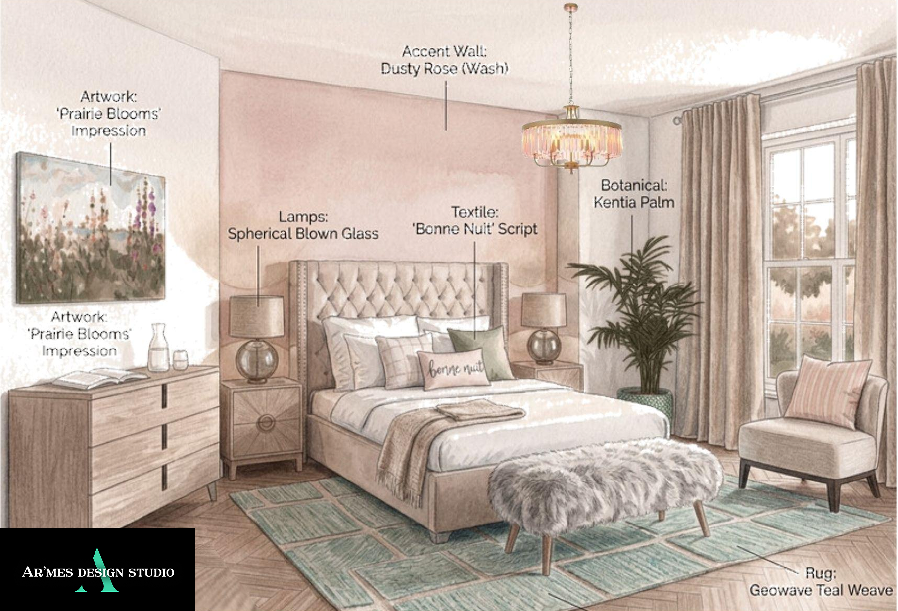 Bedroom design visualisation for a downsized Surrey apartment with warm textures and muted feminine colours