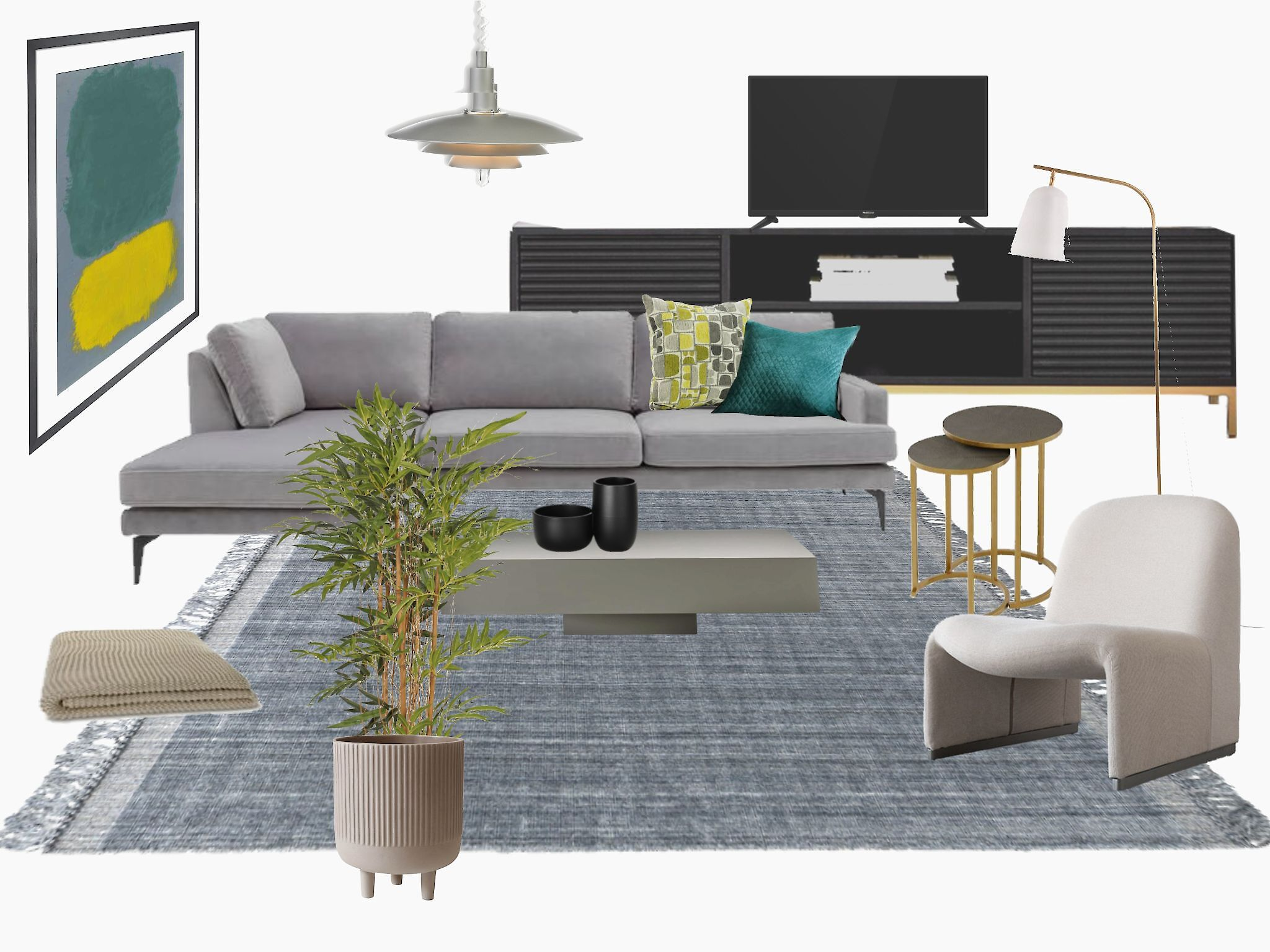 Interior design concept layout showing furniture, lighting, artwork, and accessories arranged to test zoning within a small open-plan apartment.