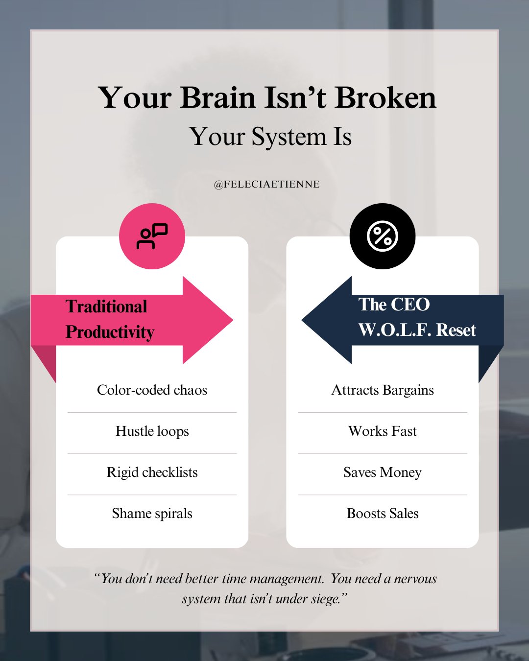 Your calendar is color-coded.
Your checklist is full.
Your sales? Growing.
But your nervous system? Screaming.

✨ You don&rsquo;t need better time management.
You need a system that actually supports the real you not the high-achiever mask.

📉 Tradi