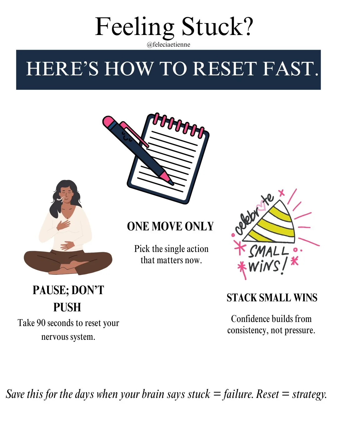 Stuck? Read this before you push harder.

High-achievers default to pressure mode but pressure isn&rsquo;t what gets you unstuck.

Here&rsquo;s how to reset fast:
✅ Stack a small win (one micro-move only)
✅ Pick the single action that matters right n