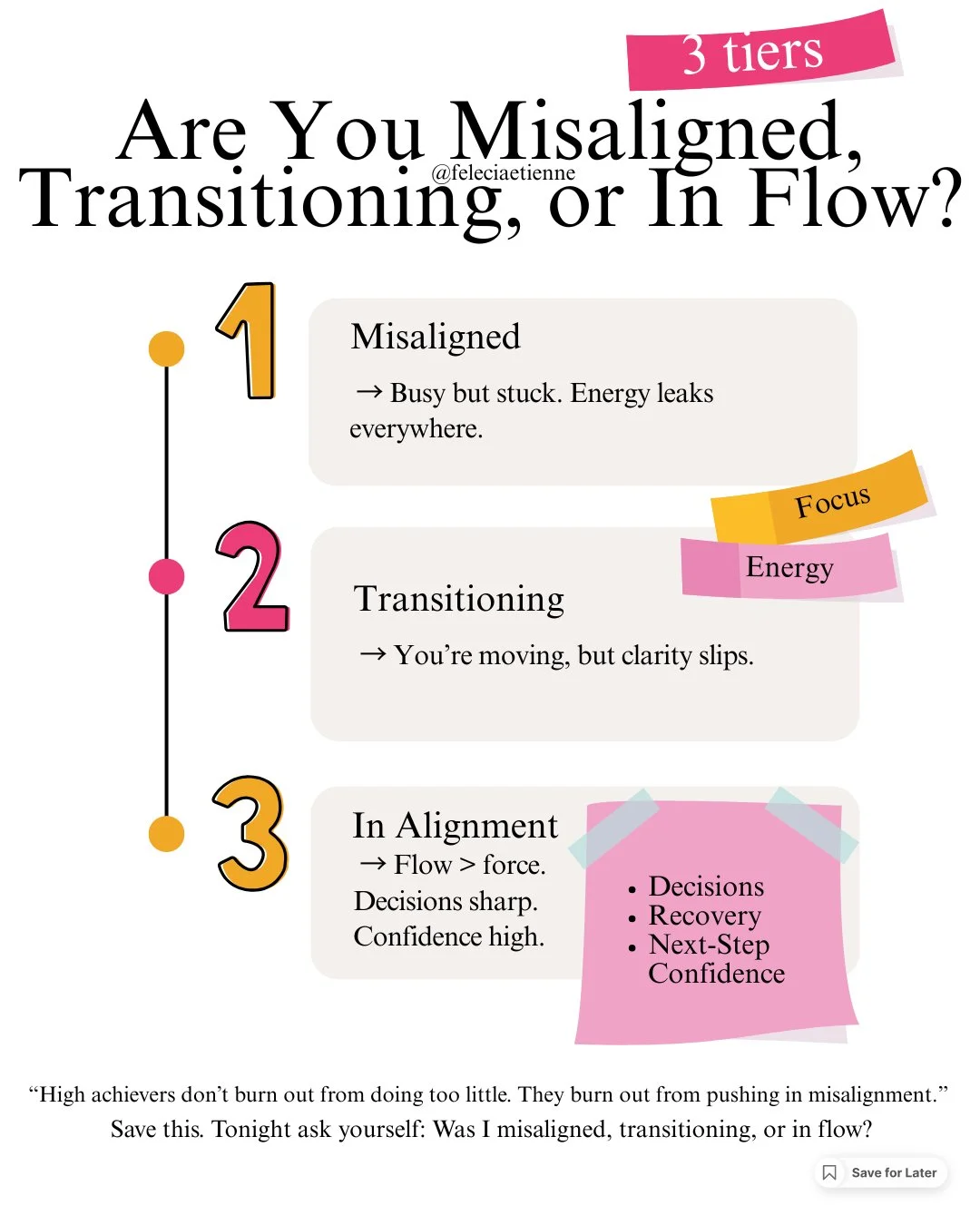 Ever end the day exhausted but can&rsquo;t tell why?

You might not be overworked, you might just be misaligned.

Here&rsquo;s how to tell:

🔹 Misaligned: You&rsquo;re busy but stuck. Every &ldquo;yes&rdquo; leaks energy.

🔹 Transitioning: You&rsqu