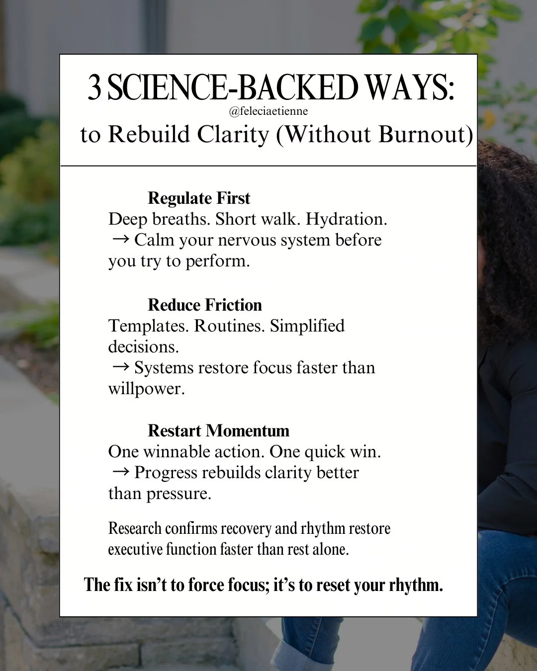 If you&rsquo;ve been trying to push through your fog&hellip;

Here&rsquo;s your reminder: you don&rsquo;t need more focus hacks.

You need to reset your rhythm. 🧠✨

When your nervous system calms, your clarity returns.
That&rsquo;s the real producti