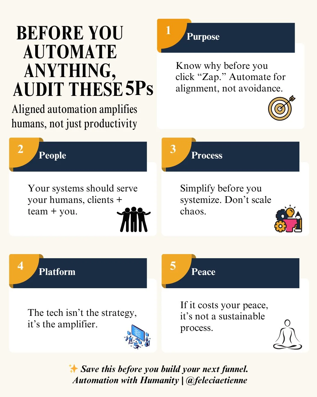 Not everything that can be automated should be. ⚙️

Before you build faster systems, make sure you&rsquo;re building better alignment.

Because speed without clarity just scales overwhelm.

And efficiency without intention just scales noise. 

The re