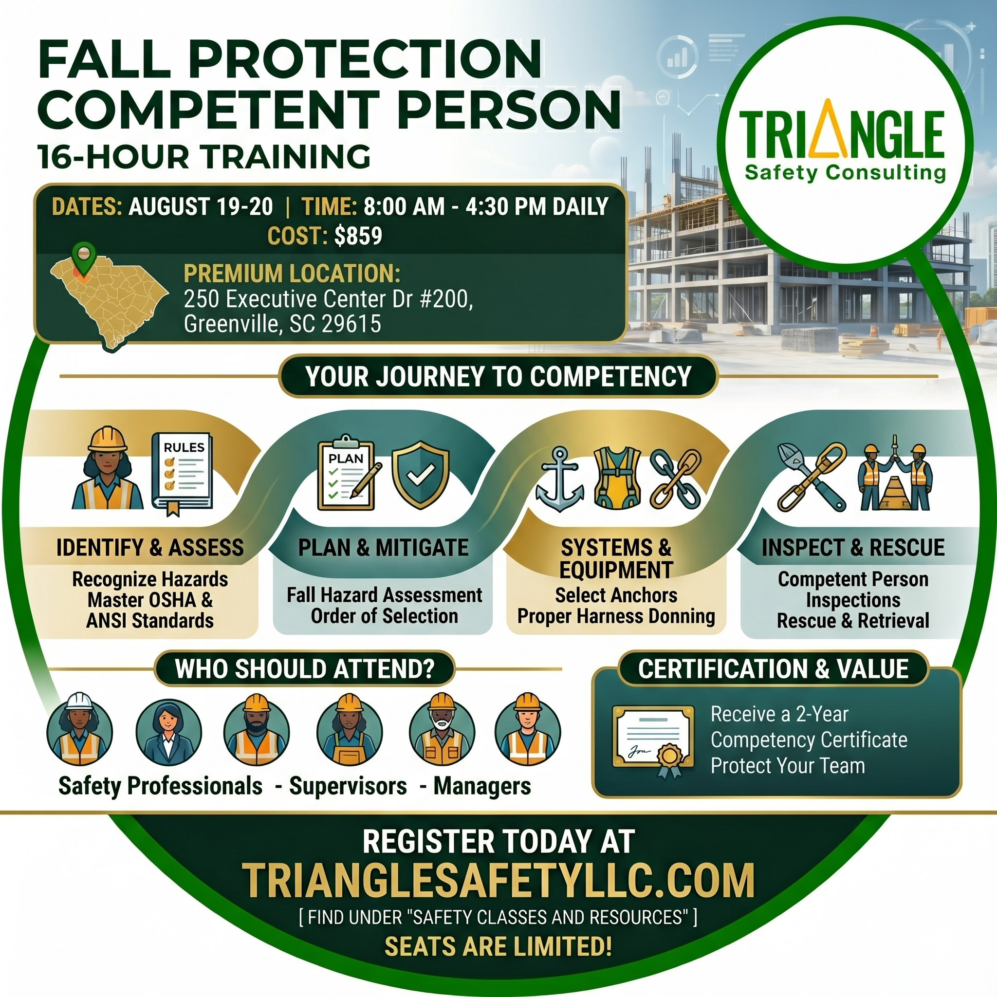 Fall Protection Competent Person Training Class - In Person August 19-20, 2026 (Greenville, SC)