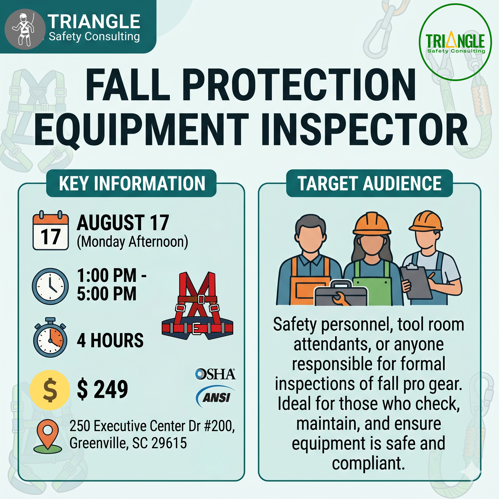 Fall Protection Equipment Inspector Training Class - In Person August 17, 2026 (Greenville, SC)