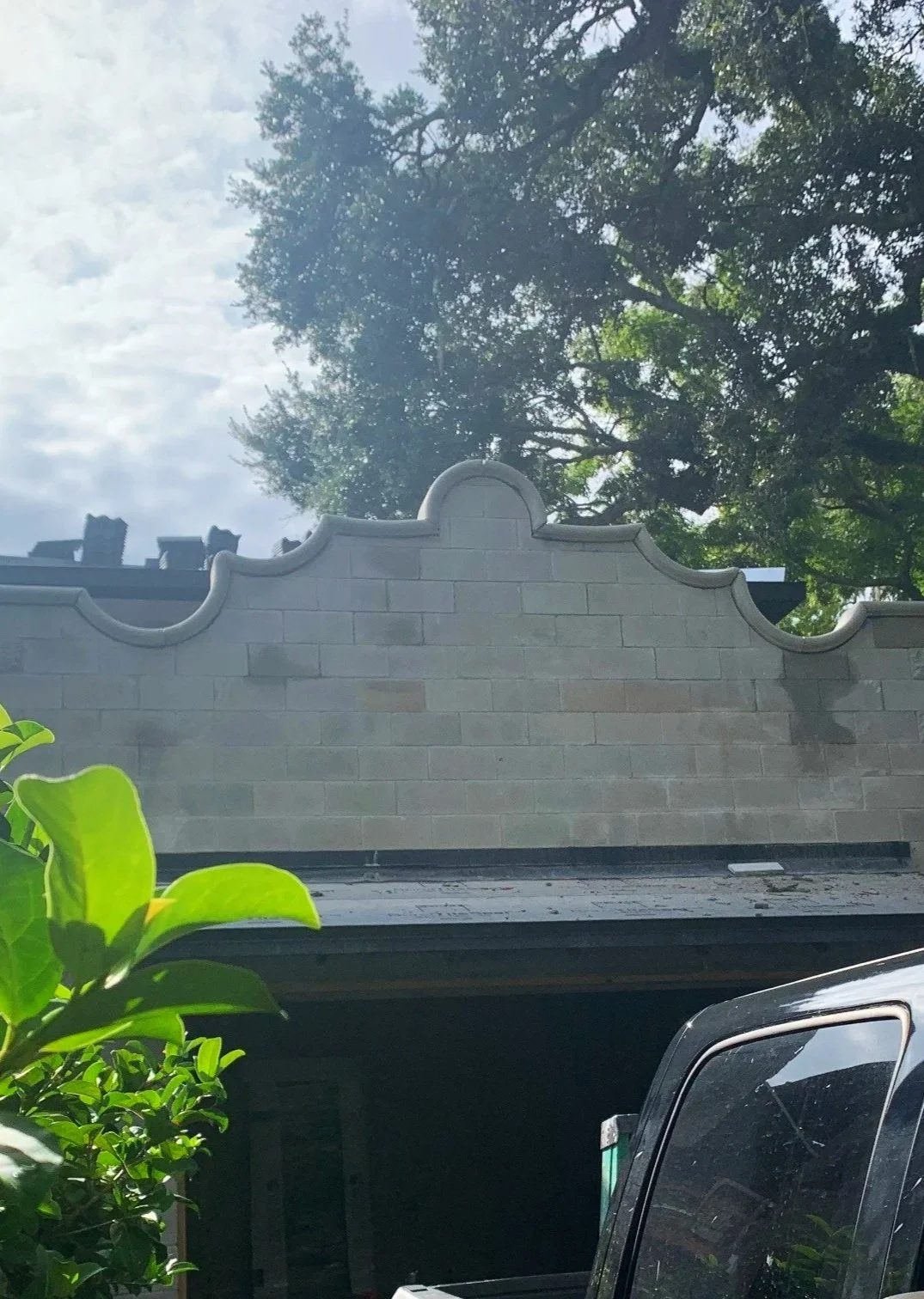 A black pickup truck parked in front of a beige brick building with a decorative roofline. The scene includes green leaves from a nearby plant on the left side and trees in the background. The sky is partly cloudy.