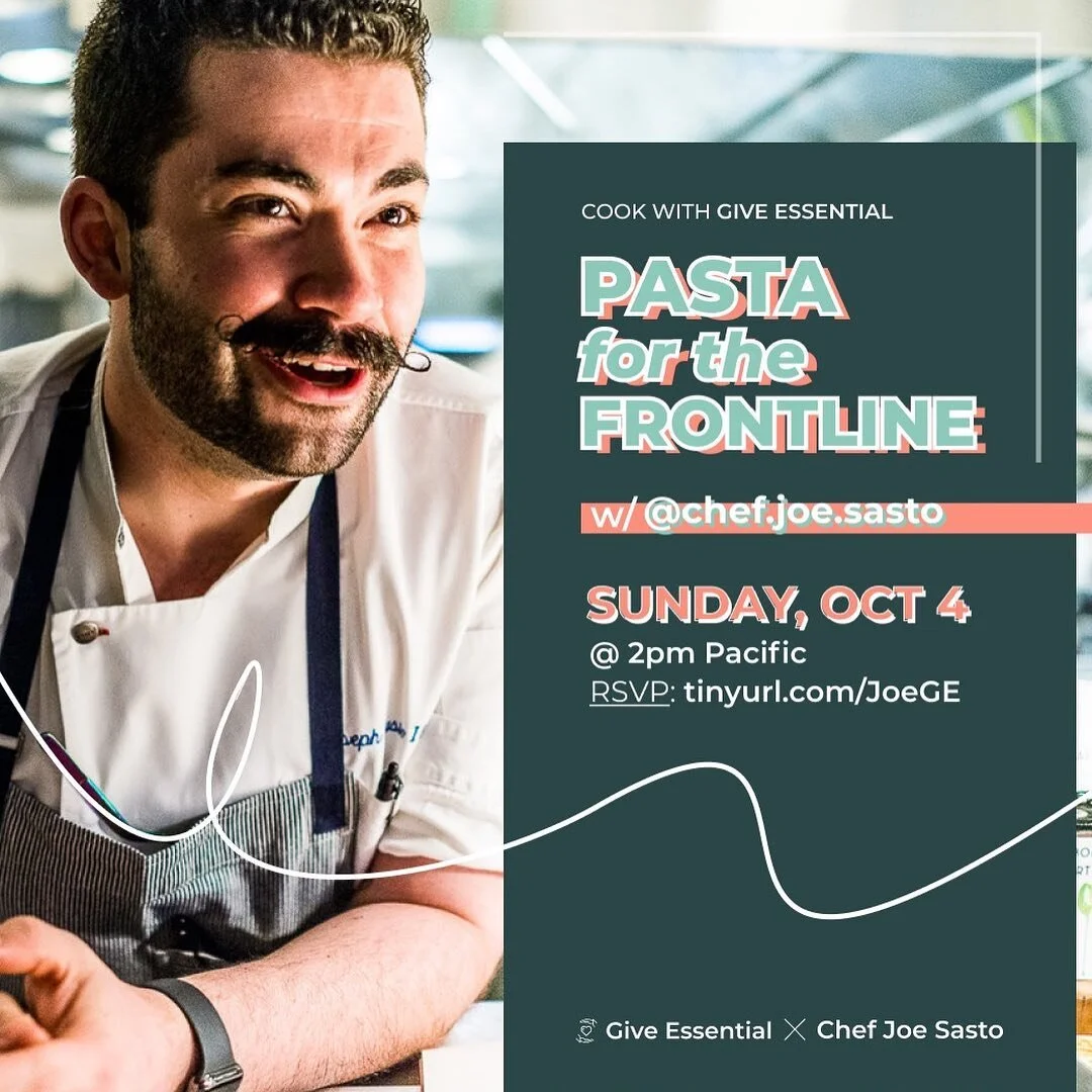 Tired of making the same old meal every night during quarantine? Try making Pasta for the Frontline with @chef.joe.sasto this Sunday at 2pm Pacific/5pm Eastern! ππ register by going to tinyurl.com/JoeGE - we can’t wait to see you there!