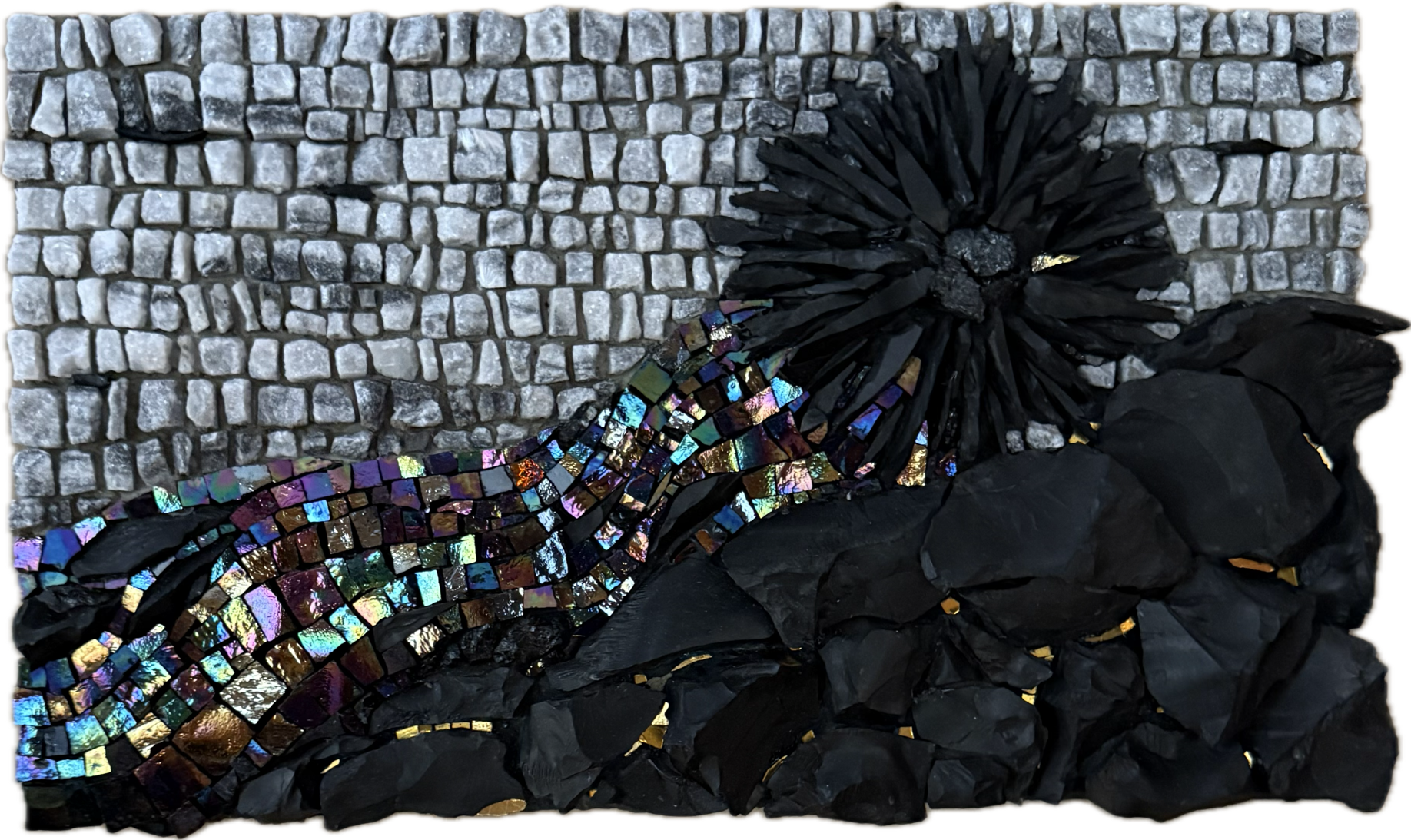 2025, 12"x7". cannel coal, marble, Mexican smalti, back tourmaline, 24k gold Italian smalti. Available