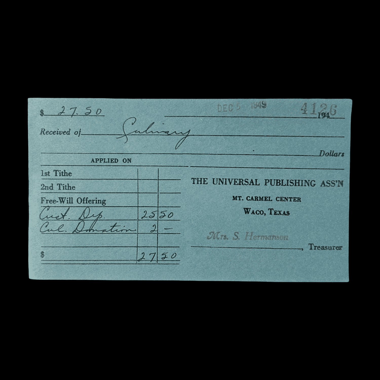 Davidian Seventh-Day Adventists Receipt - Branch Davidians - Waco, Texas