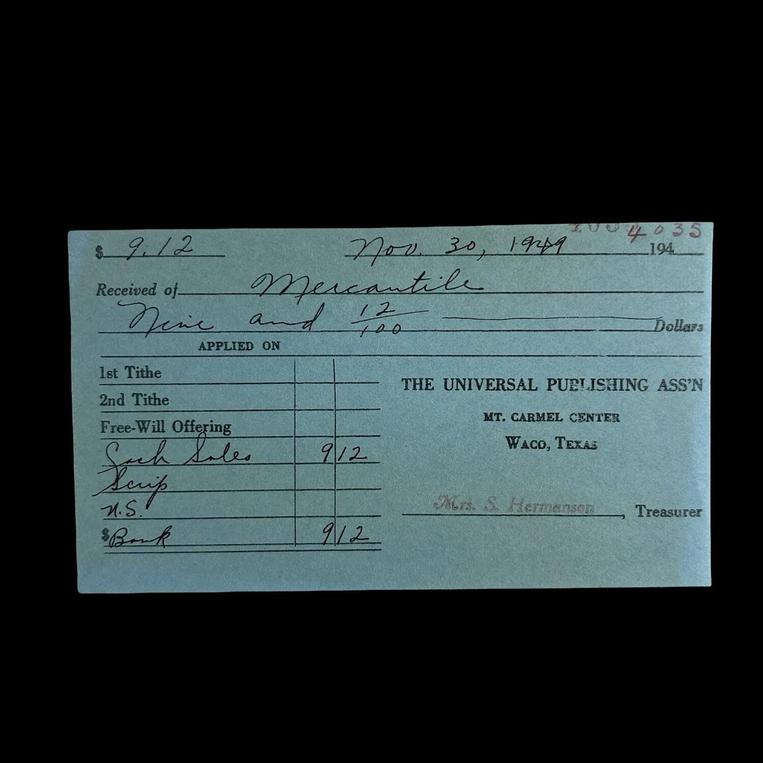 Davidian Seventh-Day Adventists Receipt - Branch Davidians - Waco, Texas