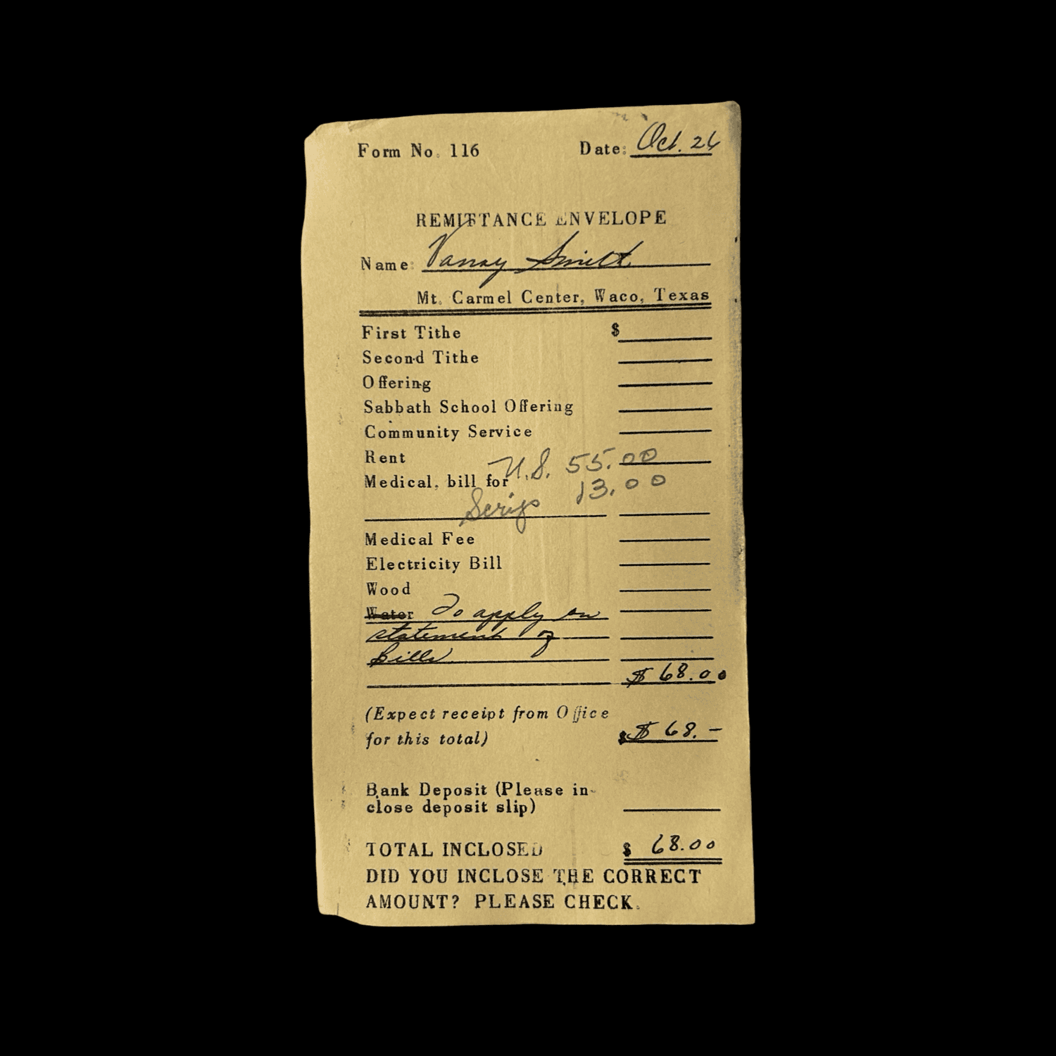 Davidian Seventh-Day Adventists Receipt - Branch Davidians - Waco, Texas