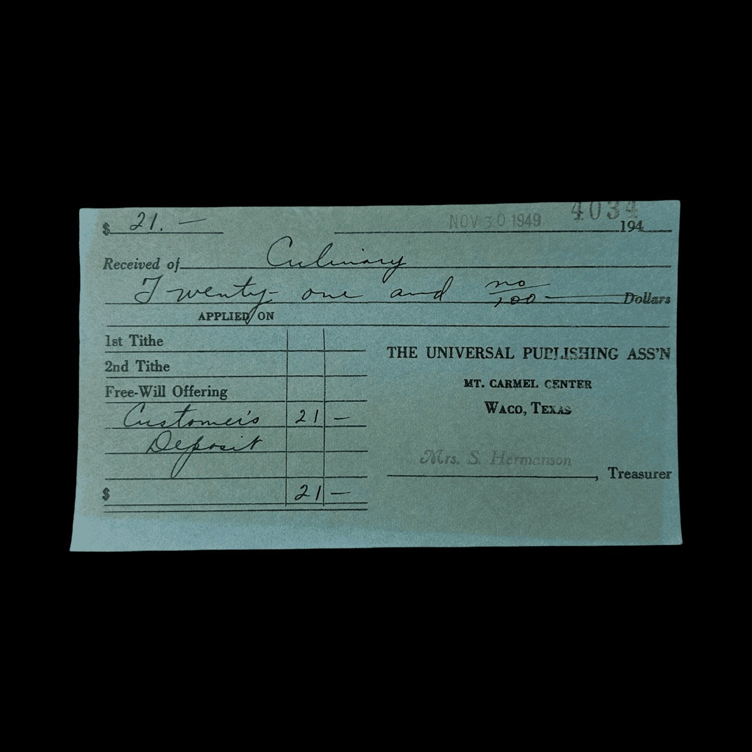 Davidian Seventh-Day Adventists Receipt - Branch Davidians - Waco, Texas