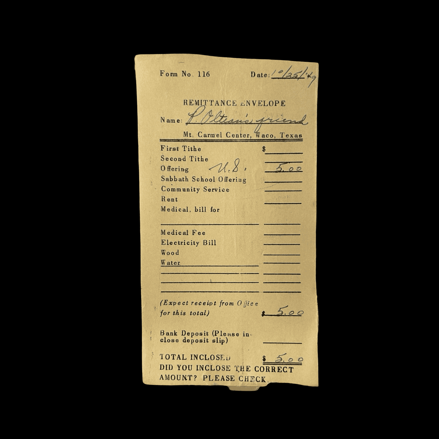 Davidian Seventh-Day Adventists Receipt - Branch Davidians - Waco, Texas