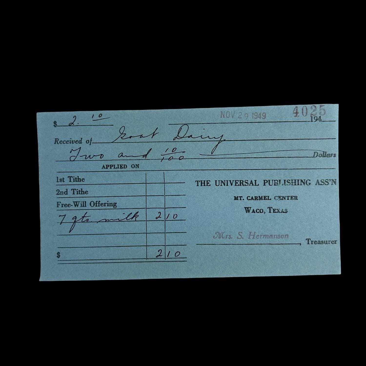Davidian Seventh-Day Adventists Receipt - Branch Davidians - Waco, Texas