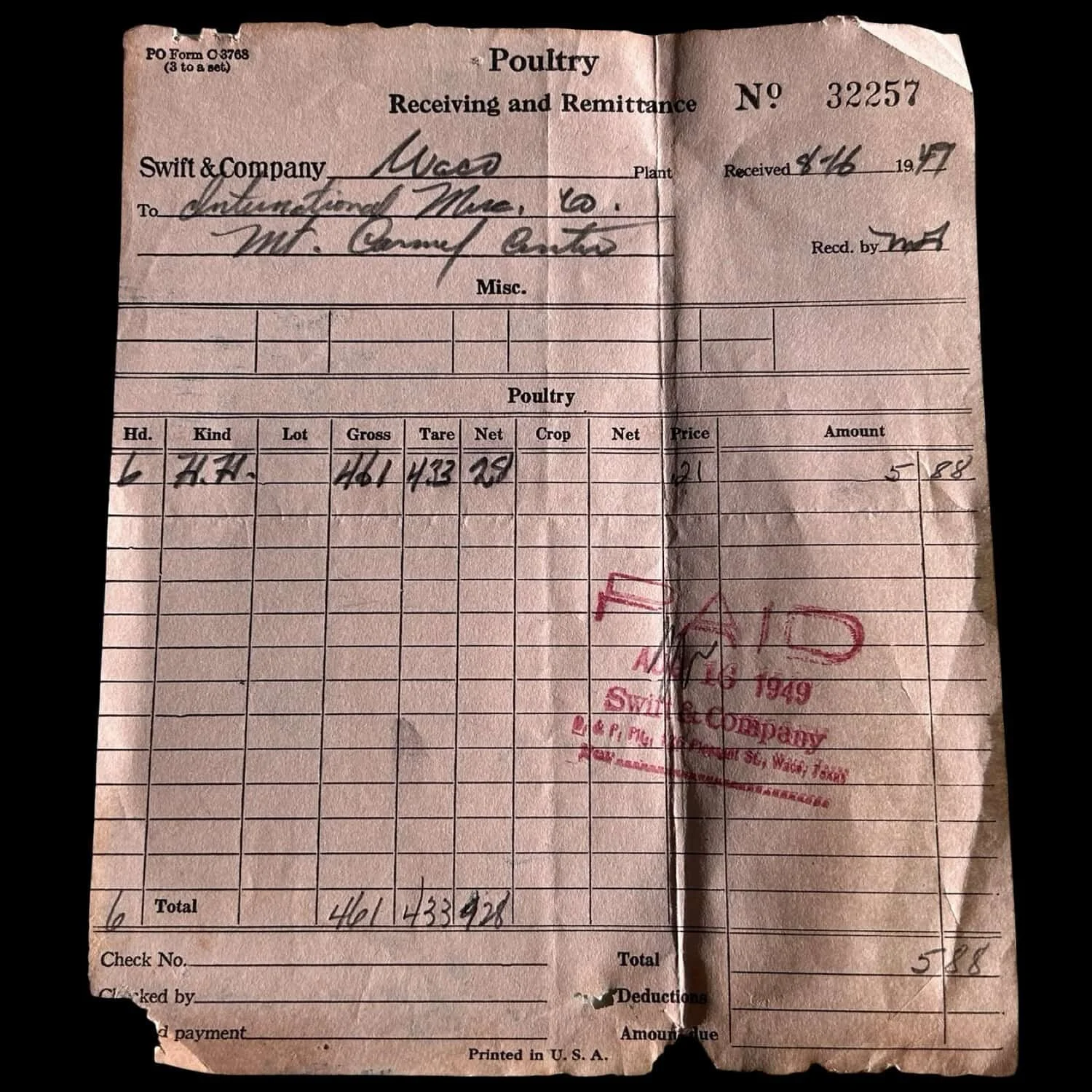 Poultry Receiving and Remittance Receipt - Branch Davidians - Waco, Texas