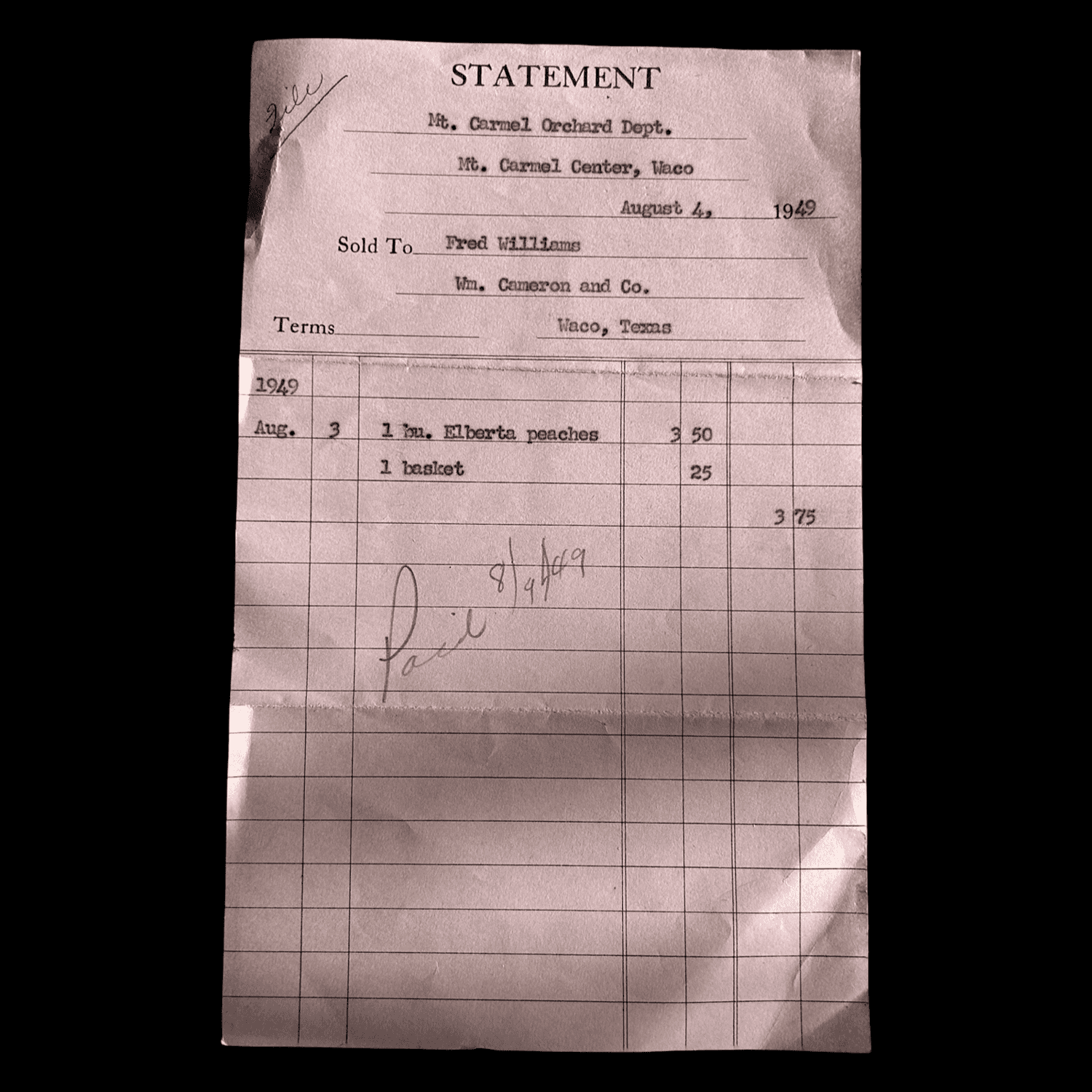 Mt. Carmel Orchard Department Receipt - Branch Davidians - Waco, Texas