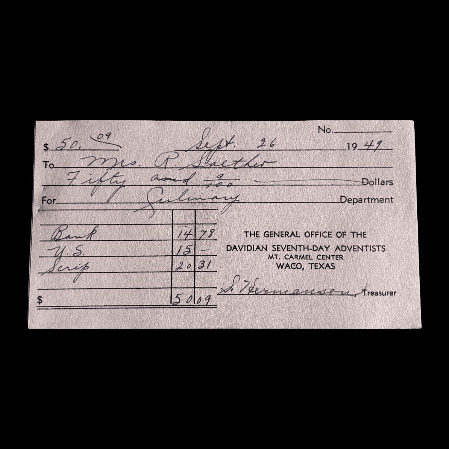 Davidian Seventh-Day Adventists Receipt - Branch Davidians - Waco, Texas