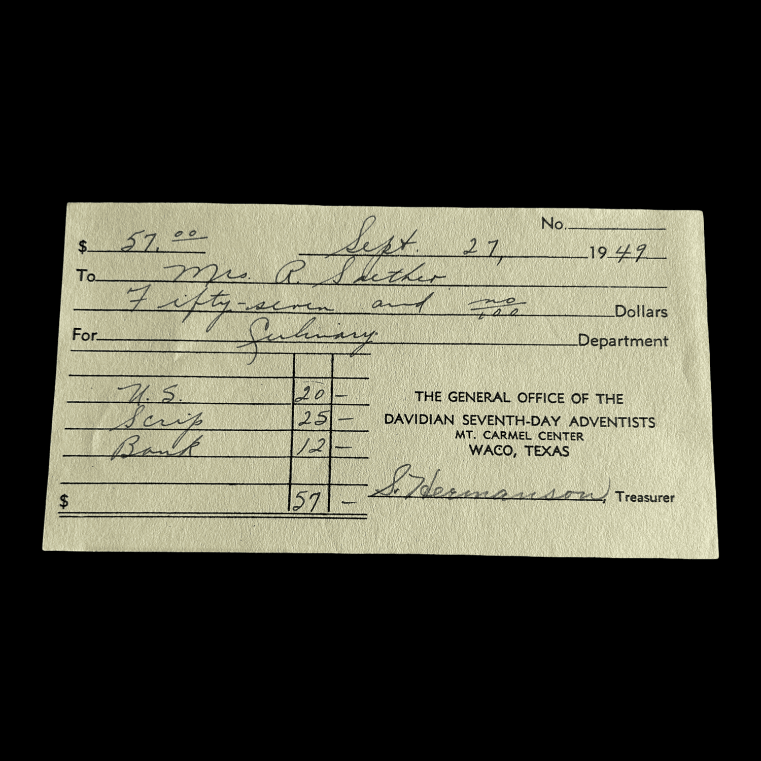 Davidian Seventh-Day Adventists Receipt - Branch Davidians - Waco, Texas