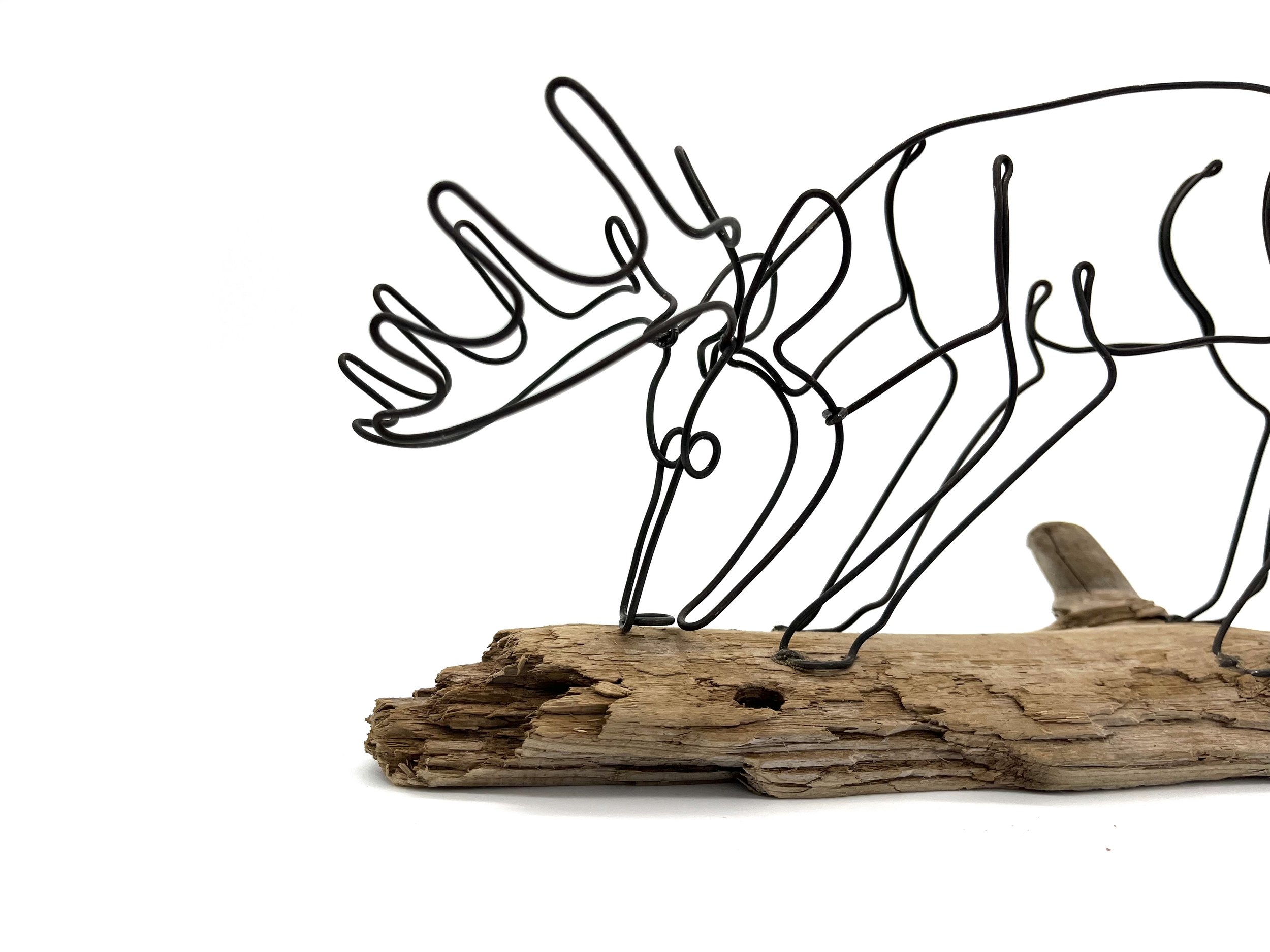 Grazing Buck Sculpture, Deer Wire Art, Minimal Wildlife Sculpture
