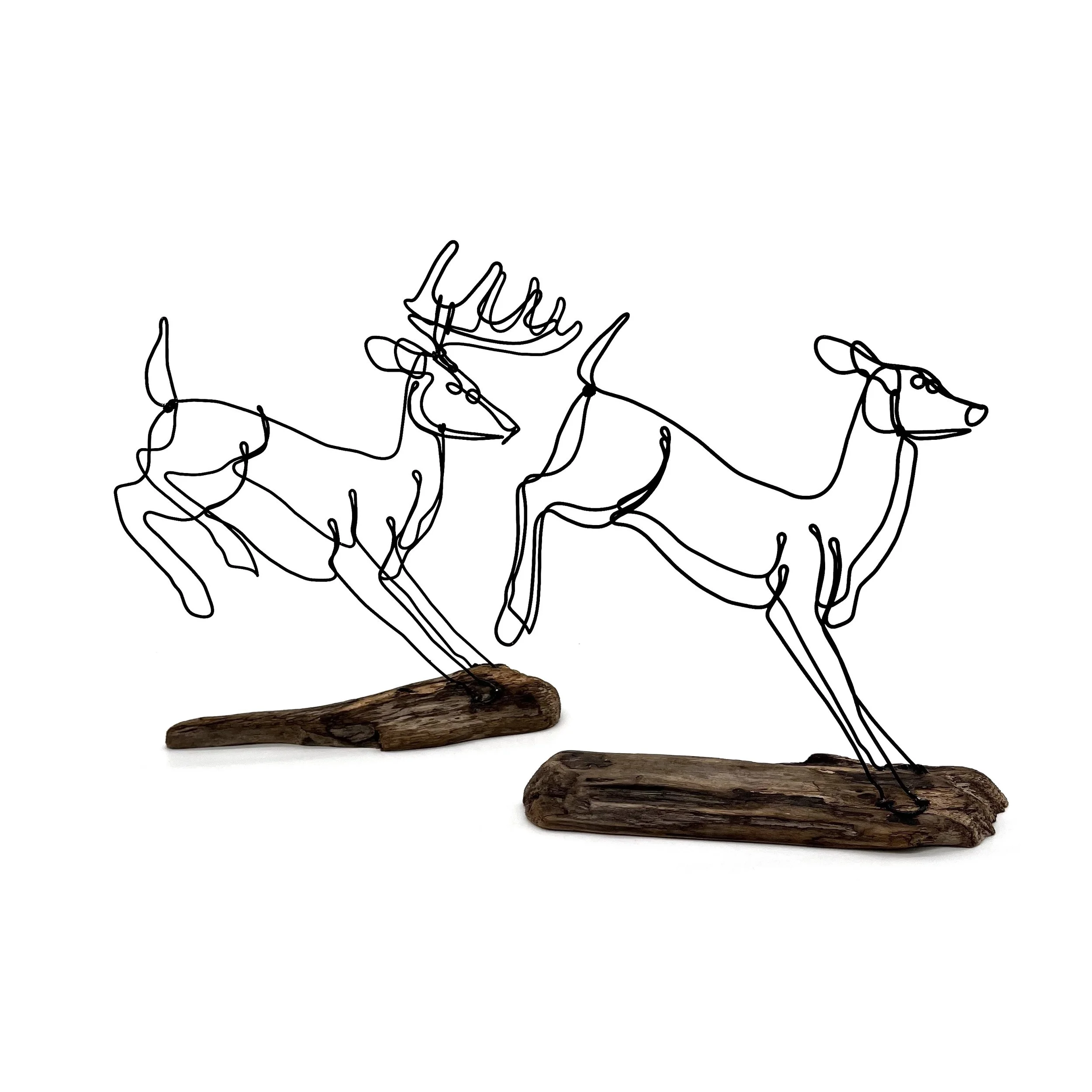 Running Buck and Doe Wire Sculptures, Wildlife Minimal Wire Art
