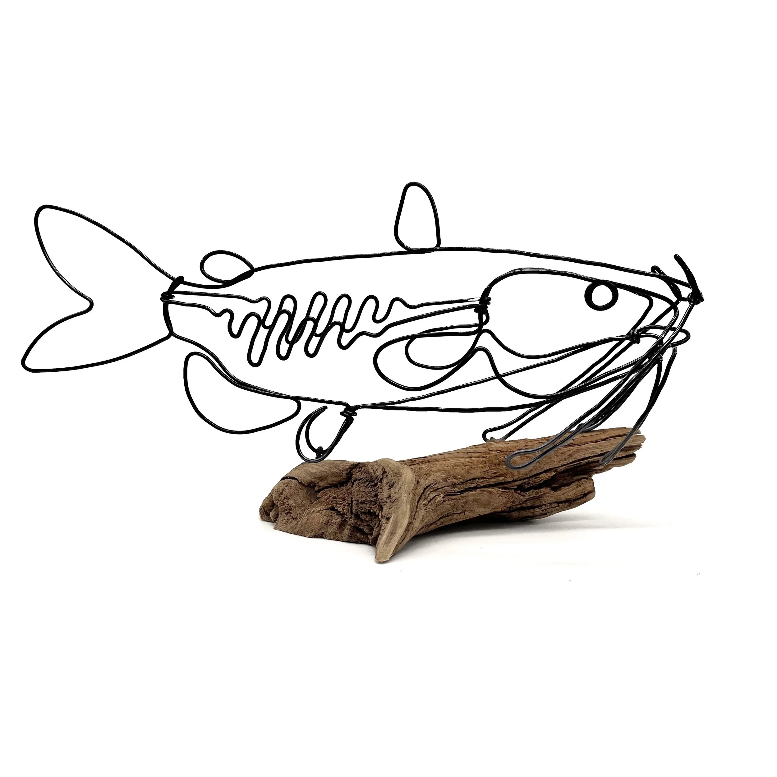 Catfish Sculpture on Driftwood, Fish Wire Art, Minimal Sculpture, Unique Gift! Free Shipping