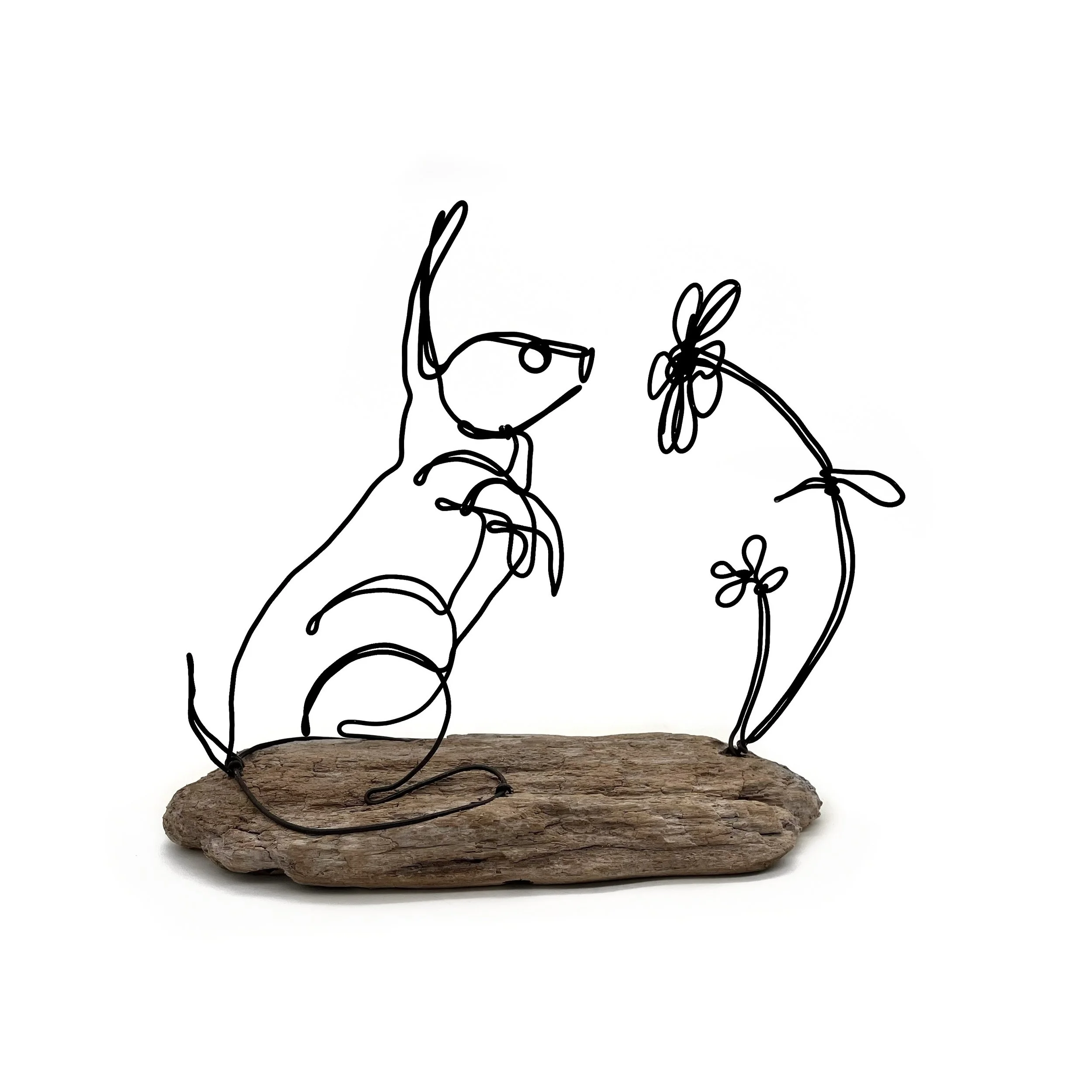 Bunny and Flower Wire Sculpture,  Rabbit Wire Art, 3D One Line Drawing, Minimal Sculpture