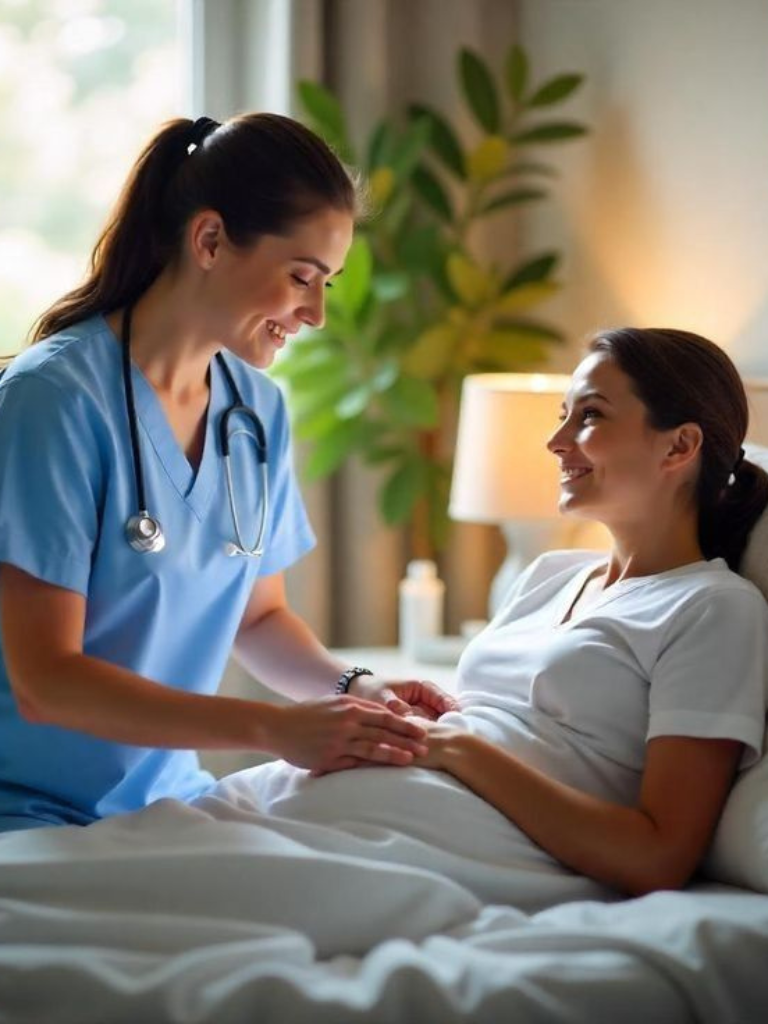 A nurse and a pregnant woman smiling and holding hands during a visit in a well-lit hospital room.