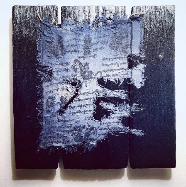 WIND HORSE #1
Found & Tasttered Prayer Flag on burnt pallet wood.
13"X13"