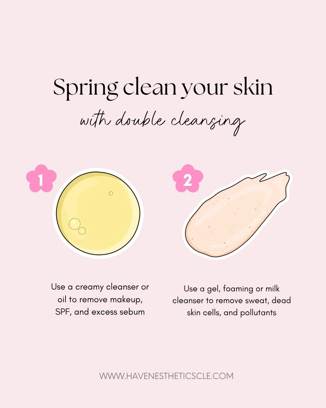 Spring is a good time to refresh more than just your home routine!

Double cleansing can help remove:
💧sunscreen
💧makeup
💧excess oil
💧sweat and buildup from the day

The first cleanse helps break everything down. The second cleanse thoroughly cle