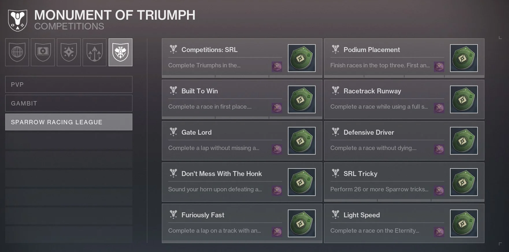Complete SRL triumphs to unlock unique rewards.
