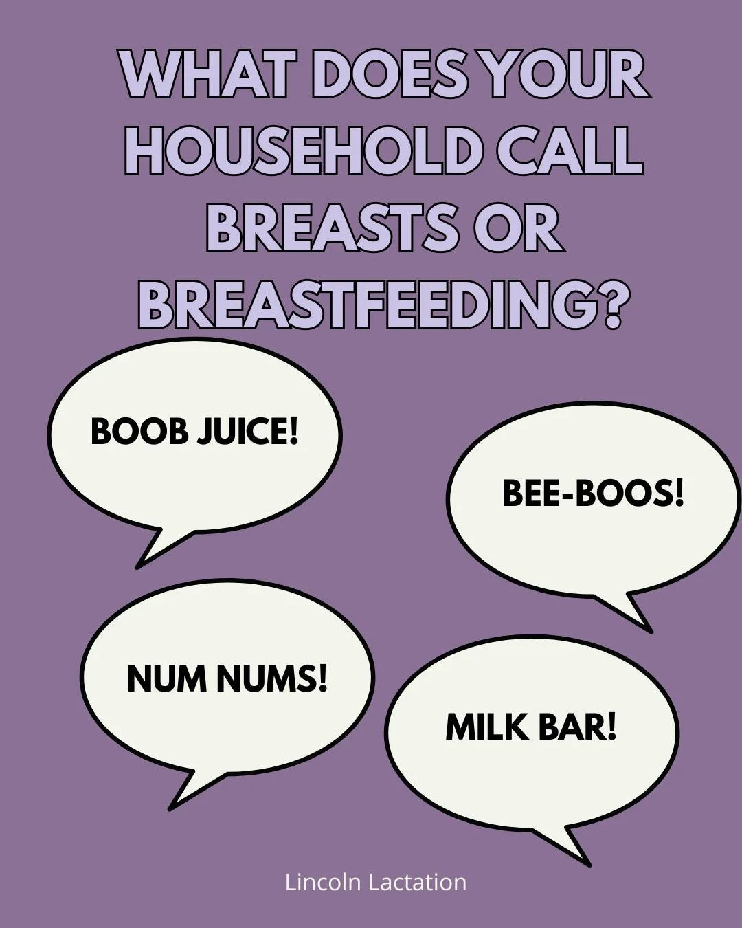 Let&rsquo;s have some fun today!

Every family has their own unique words for boobs and breastfeeding and we&rsquo;ve heard some truly creative ones over the years.

From the classics (&ldquo;milkies,&rdquo; &ldquo;nummies&rdquo;) to the downright hi