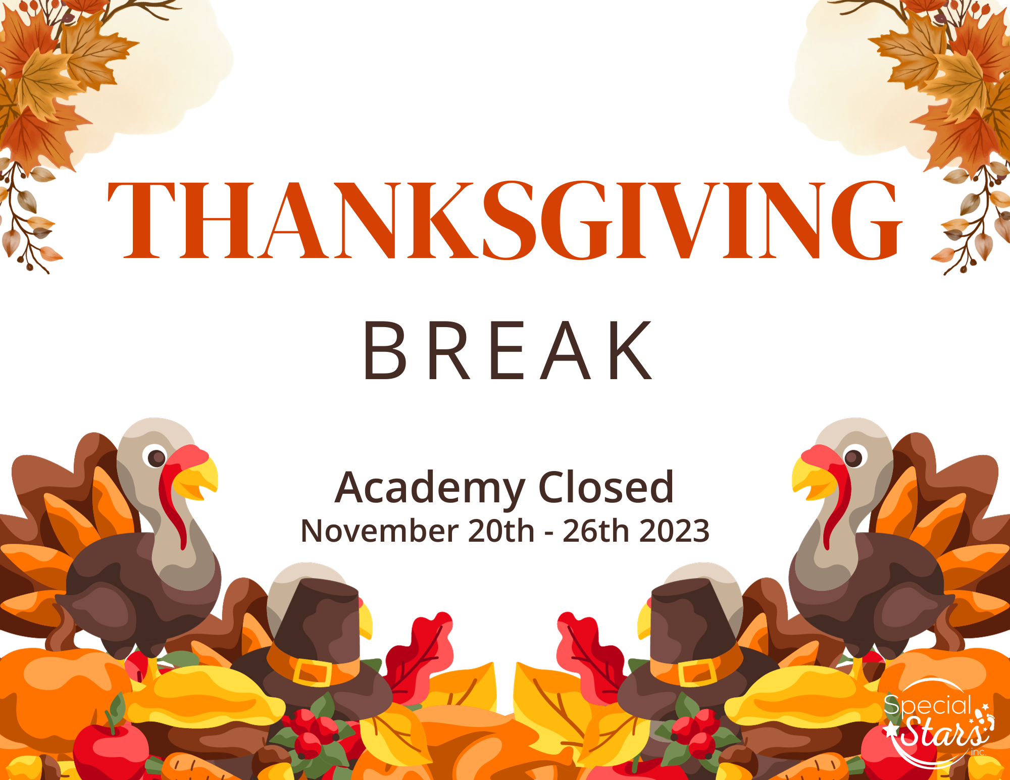 Academy Closed For Thanksgiving Break (11/20/23 11/26/23) — Special